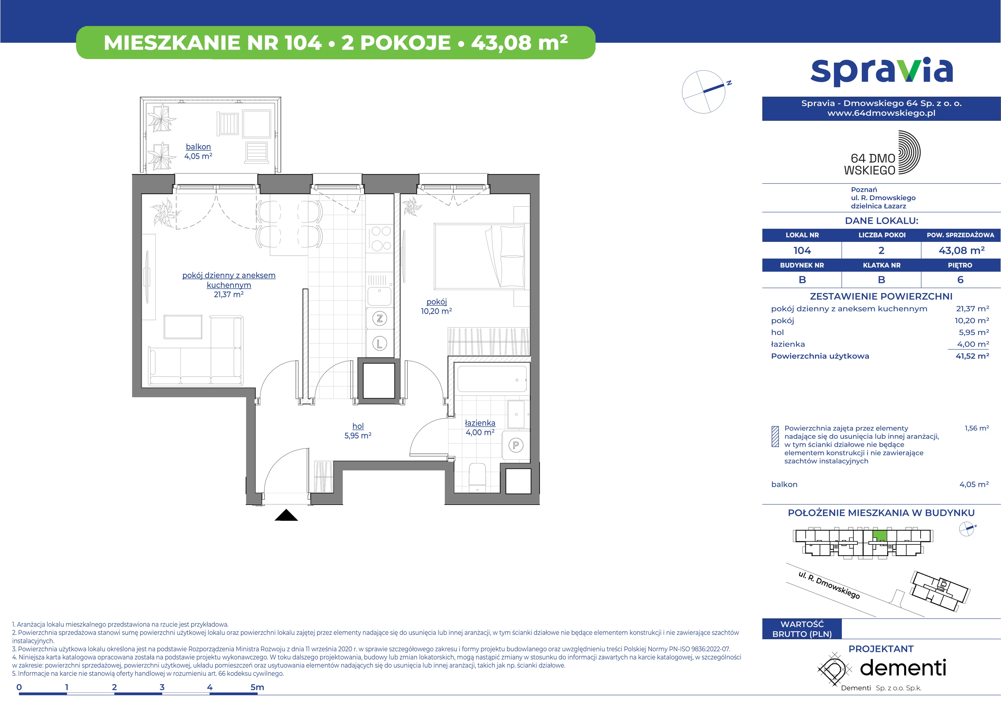 Mieszkanie 43,08 m², piętro 6, oferta nr 104, 64 Dmowskiego, Poznań, Św. Łazarz, Łazarz, ul. R. Dmowskiego