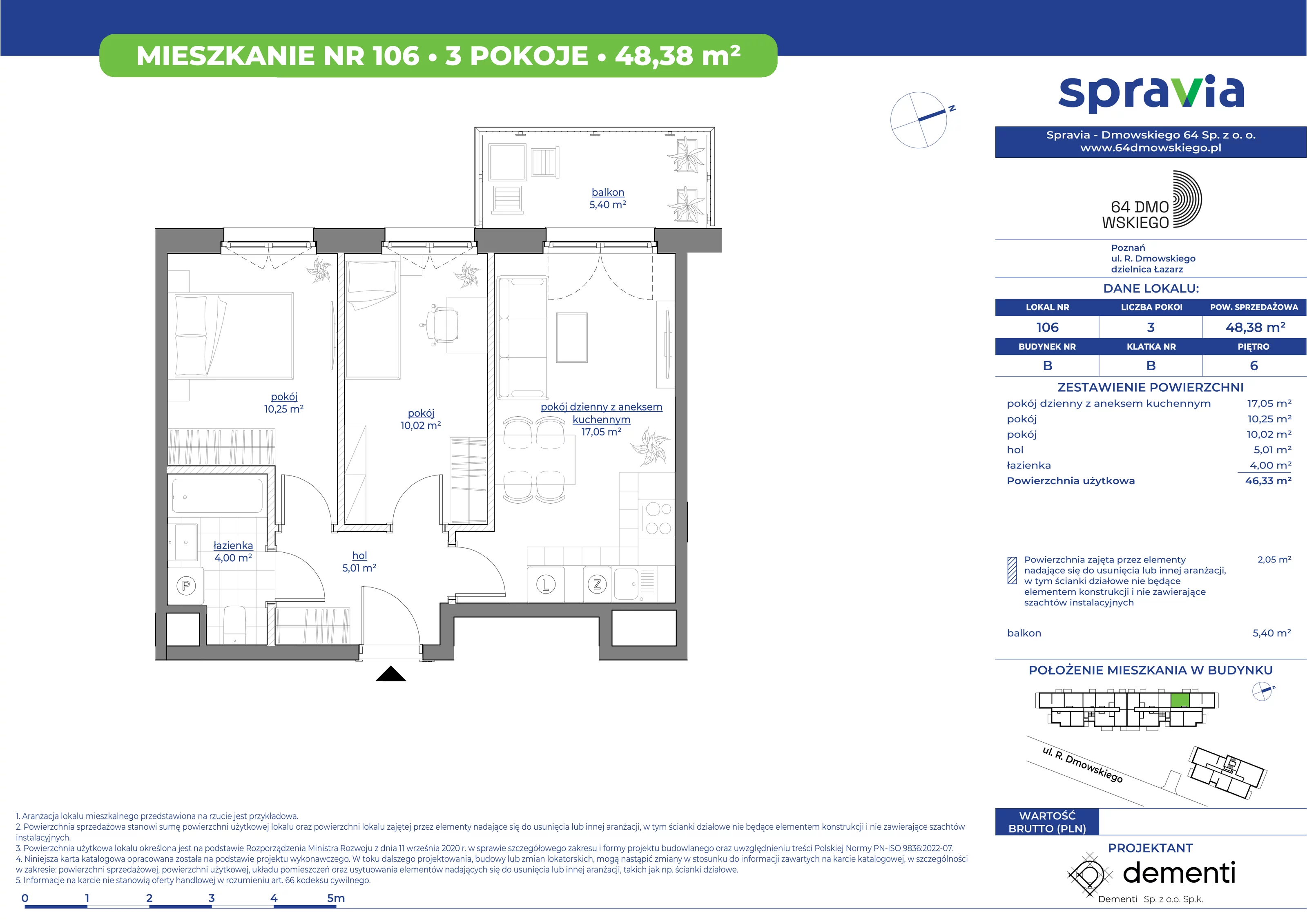 Mieszkanie 48,38 m², piętro 6, oferta nr 106, 64 Dmowskiego, Poznań, Św. Łazarz, Łazarz, ul. R. Dmowskiego