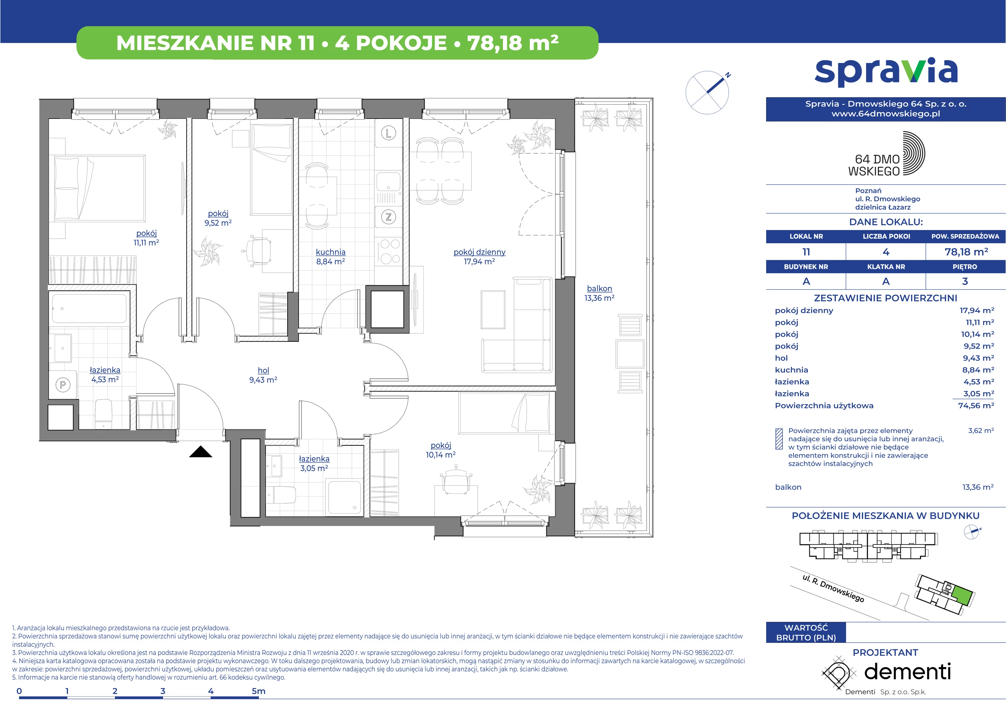 Mieszkanie 78,18 m², piętro 3, oferta nr 11, 64 Dmowskiego, Poznań, Św. Łazarz, Łazarz, ul. R. Dmowskiego