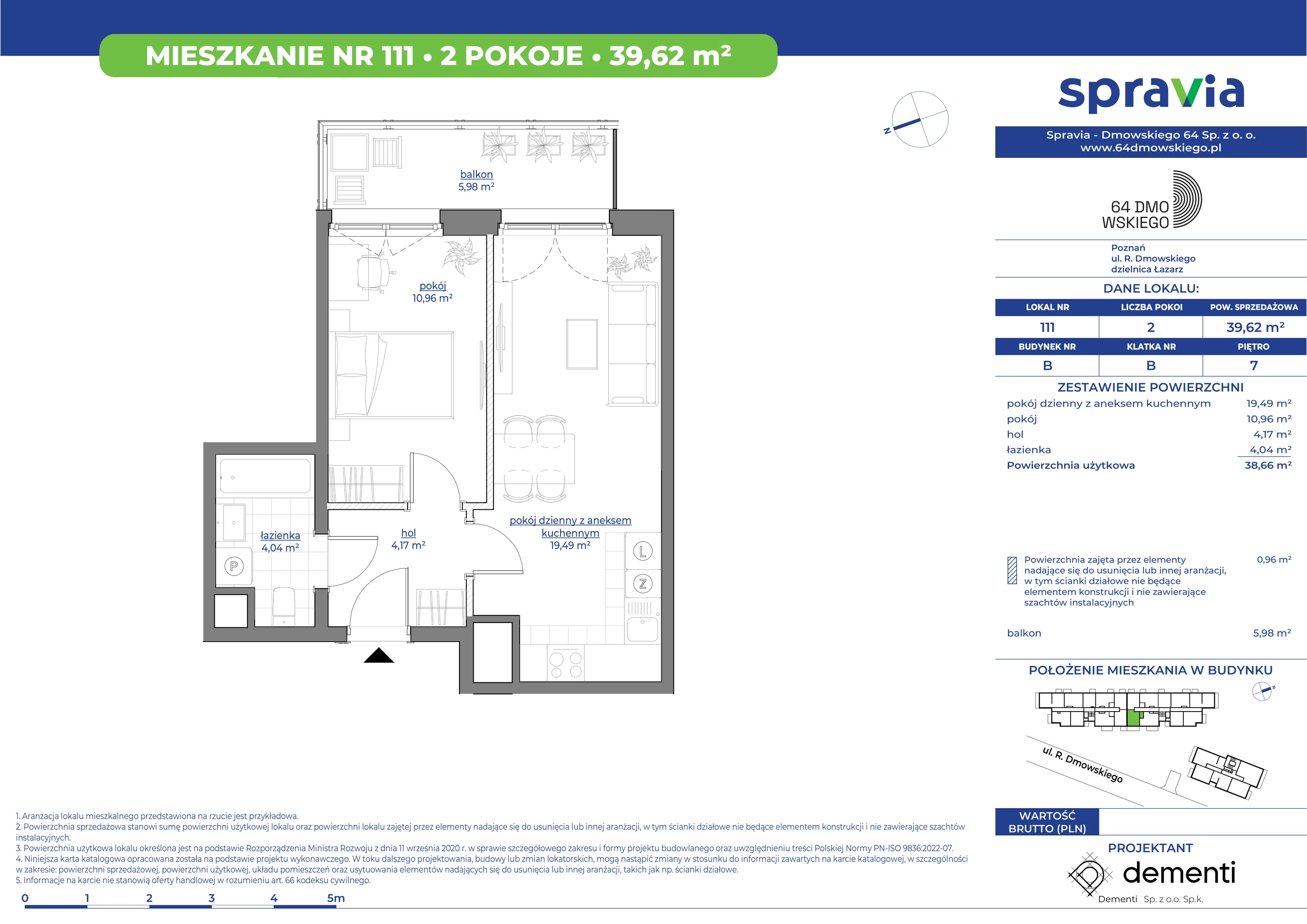 Mieszkanie 39,62 m², piętro 7, oferta nr 111, 64 Dmowskiego, Poznań, Św. Łazarz, Łazarz, ul. R. Dmowskiego