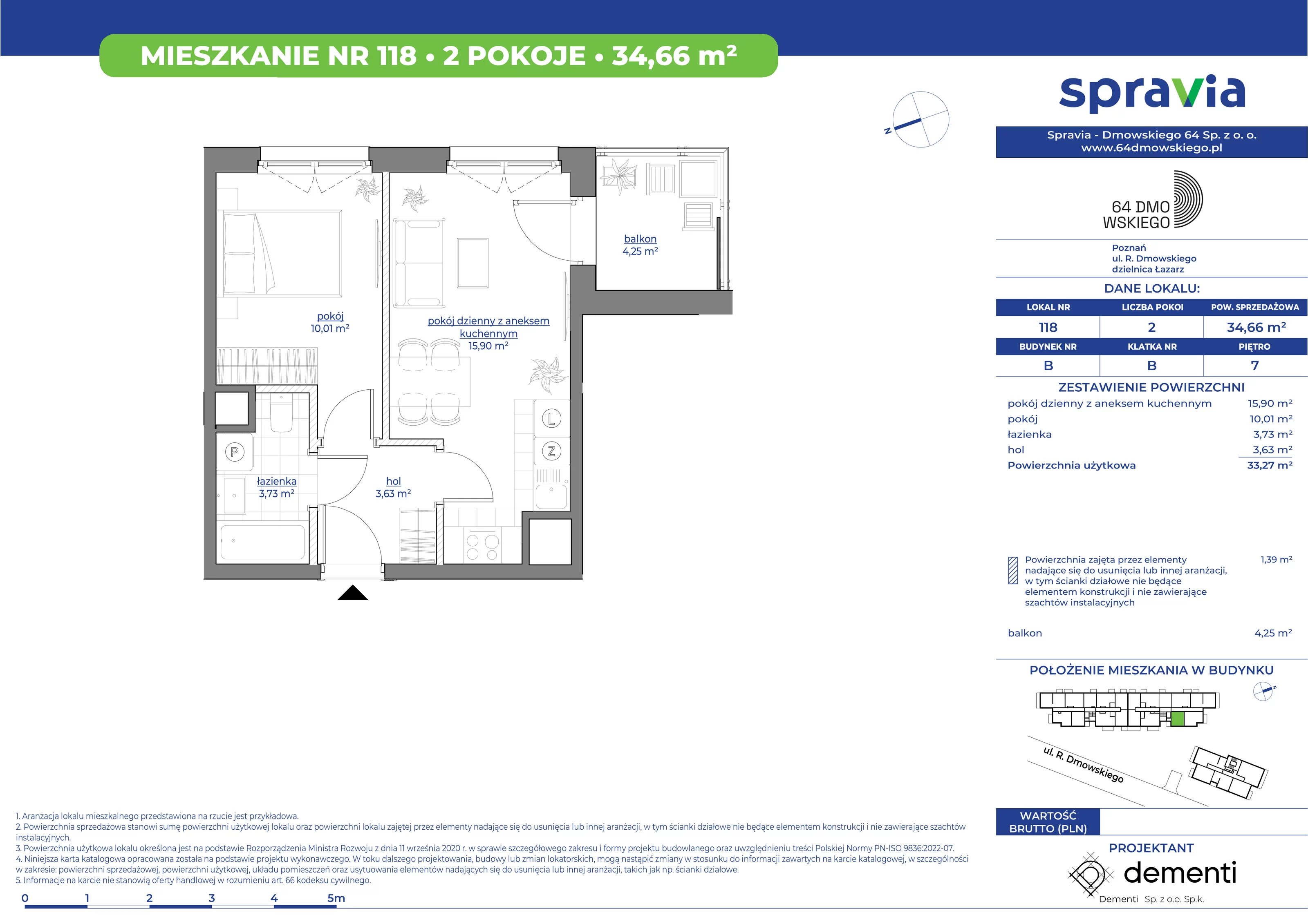 Mieszkanie 34,66 m², piętro 7, oferta nr 118, 64 Dmowskiego, Poznań, Św. Łazarz, Łazarz, ul. R. Dmowskiego