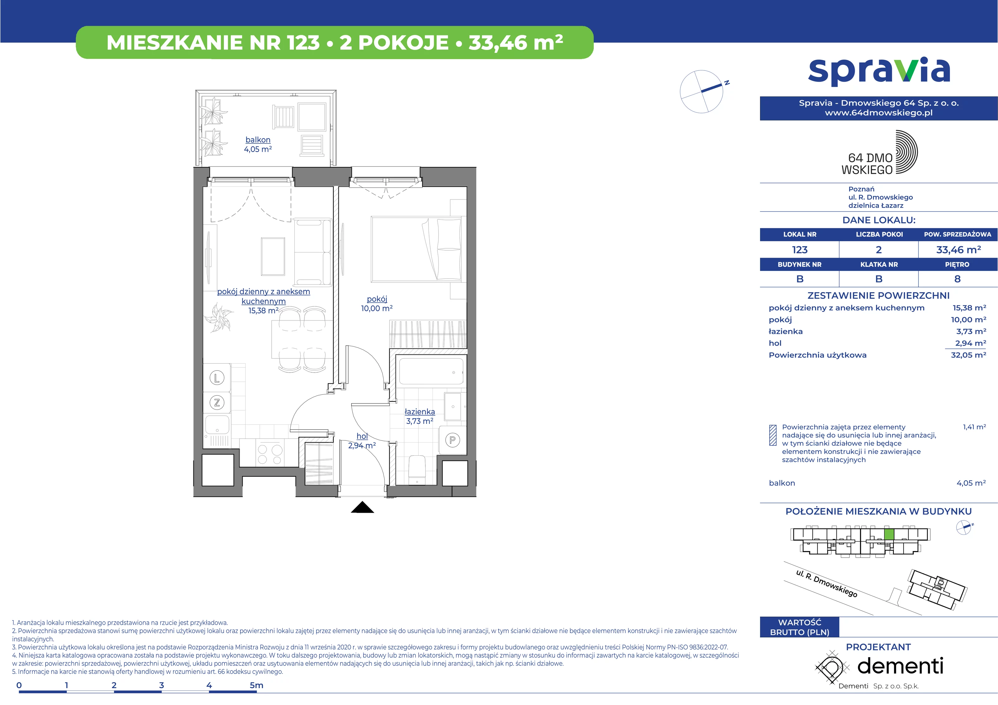 Mieszkanie 33,46 m², piętro 8, oferta nr 123, 64 Dmowskiego, Poznań, Św. Łazarz, Łazarz, ul. R. Dmowskiego