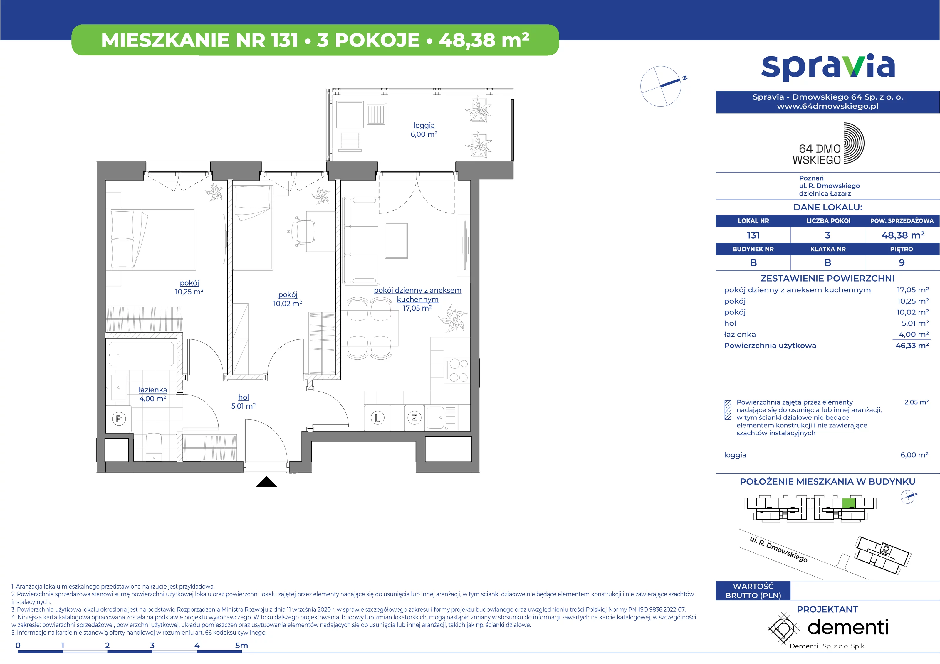 Mieszkanie 48,38 m², piętro 9, oferta nr 131, 64 Dmowskiego, Poznań, Św. Łazarz, Łazarz, ul. R. Dmowskiego