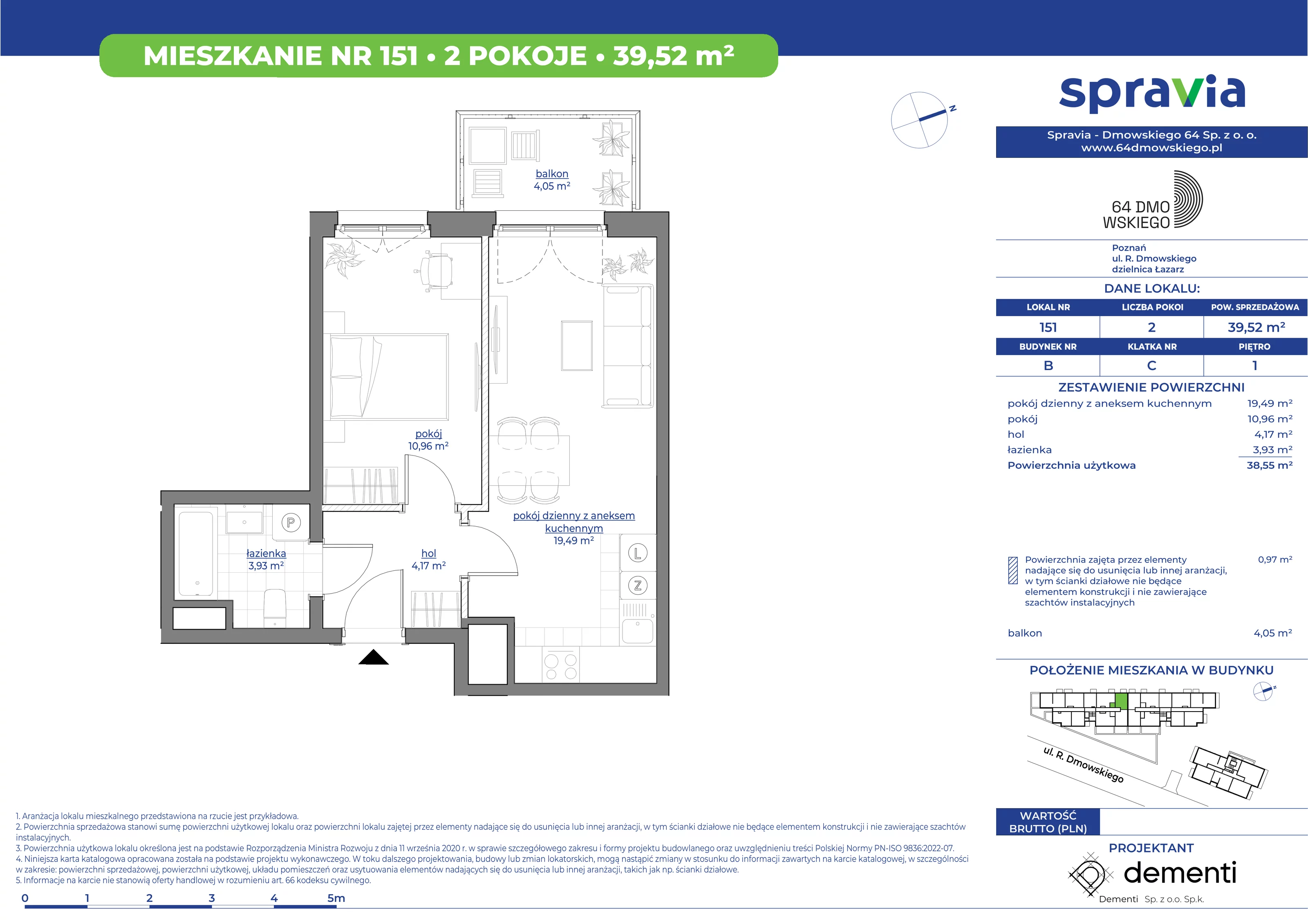 Mieszkanie 39,52 m², piętro 1, oferta nr 151, 64 Dmowskiego, Poznań, Św. Łazarz, Łazarz, ul. R. Dmowskiego