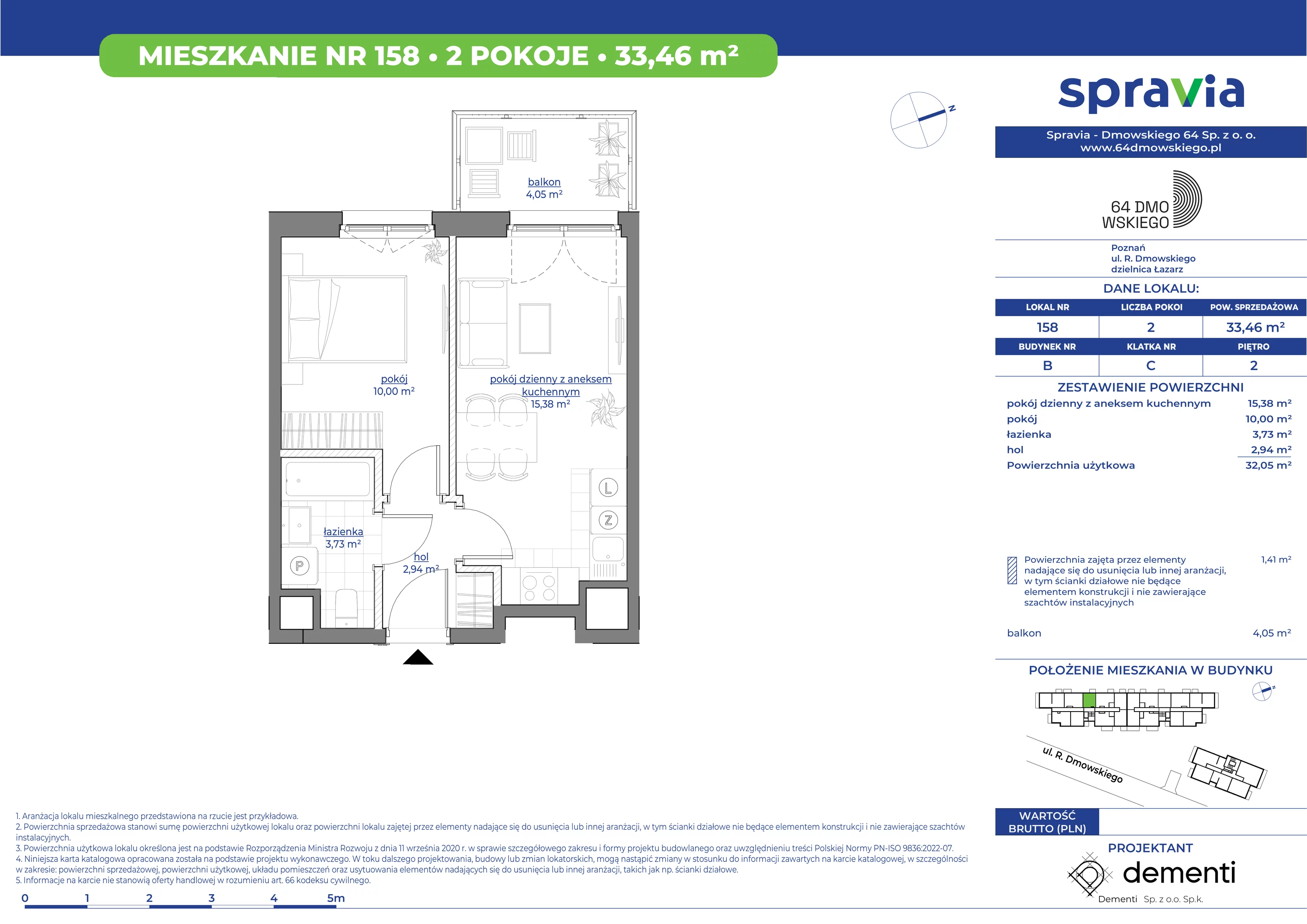 2 pokoje, mieszkanie 33,46 m², piętro 2, oferta nr 158, 64 Dmowskiego, Poznań, Św. Łazarz, Łazarz, ul. R. Dmowskiego