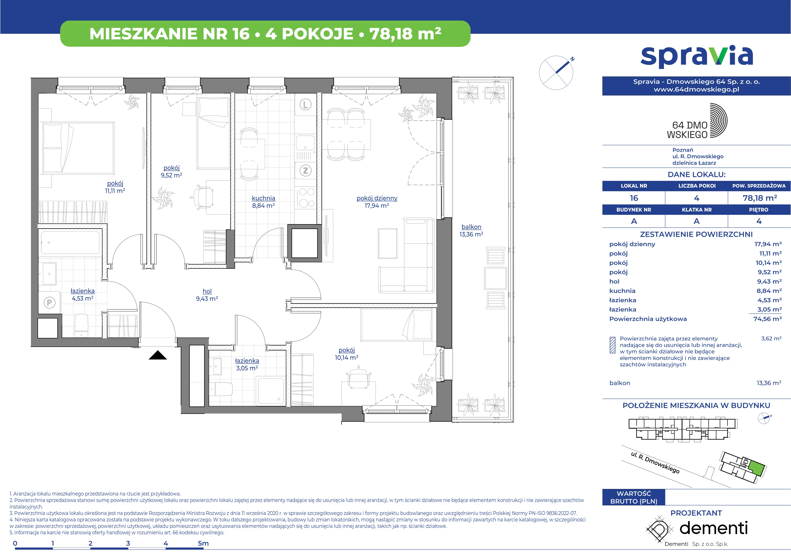 Mieszkanie 78,18 m², piętro 4, oferta nr 16, 64 Dmowskiego, Poznań, Św. Łazarz, Łazarz, ul. R. Dmowskiego