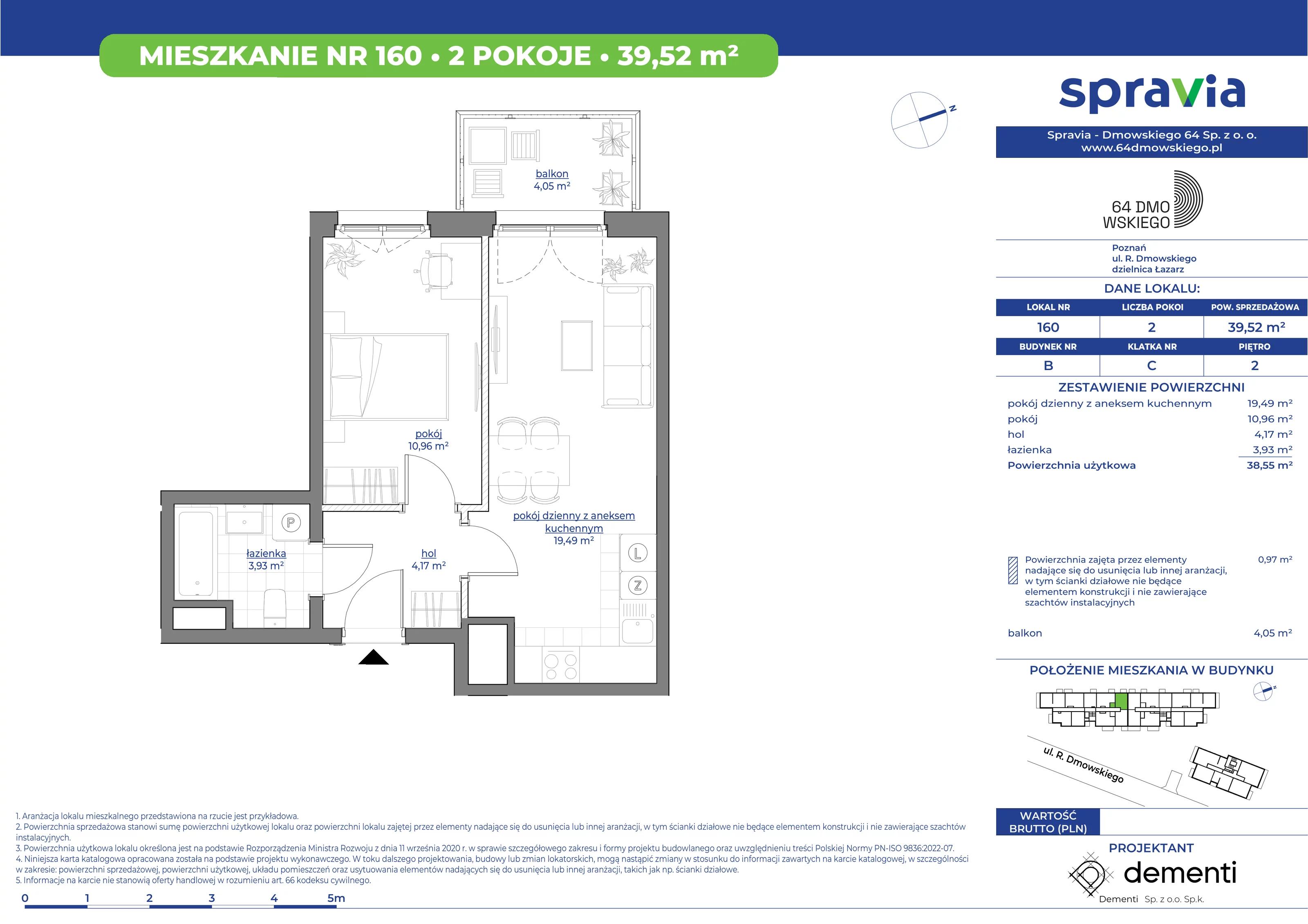 Mieszkanie 39,52 m², piętro 2, oferta nr 160, 64 Dmowskiego, Poznań, Św. Łazarz, Łazarz, ul. R. Dmowskiego