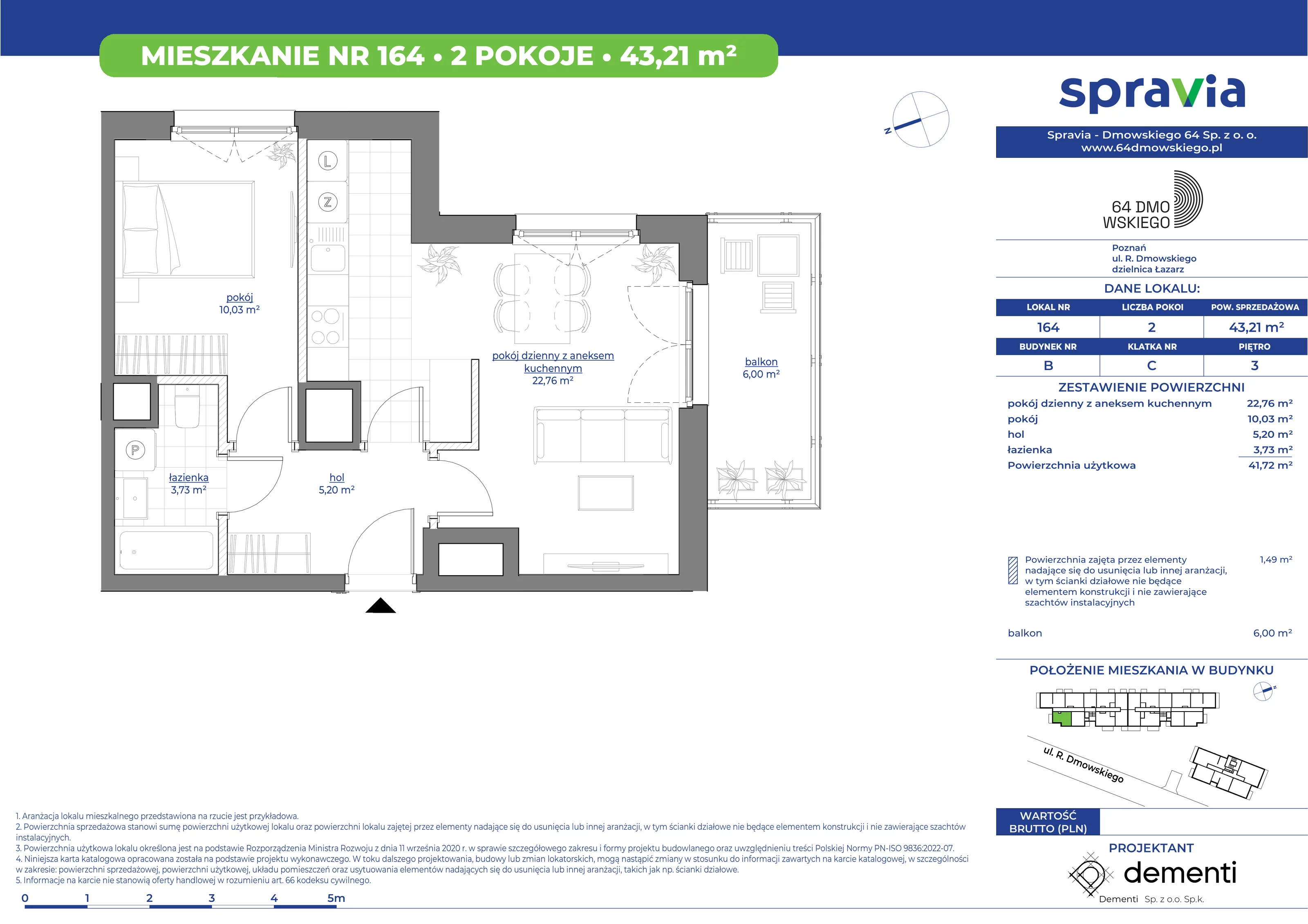 Mieszkanie 43,21 m², piętro 3, oferta nr 164, 64 Dmowskiego, Poznań, Św. Łazarz, Łazarz, ul. R. Dmowskiego