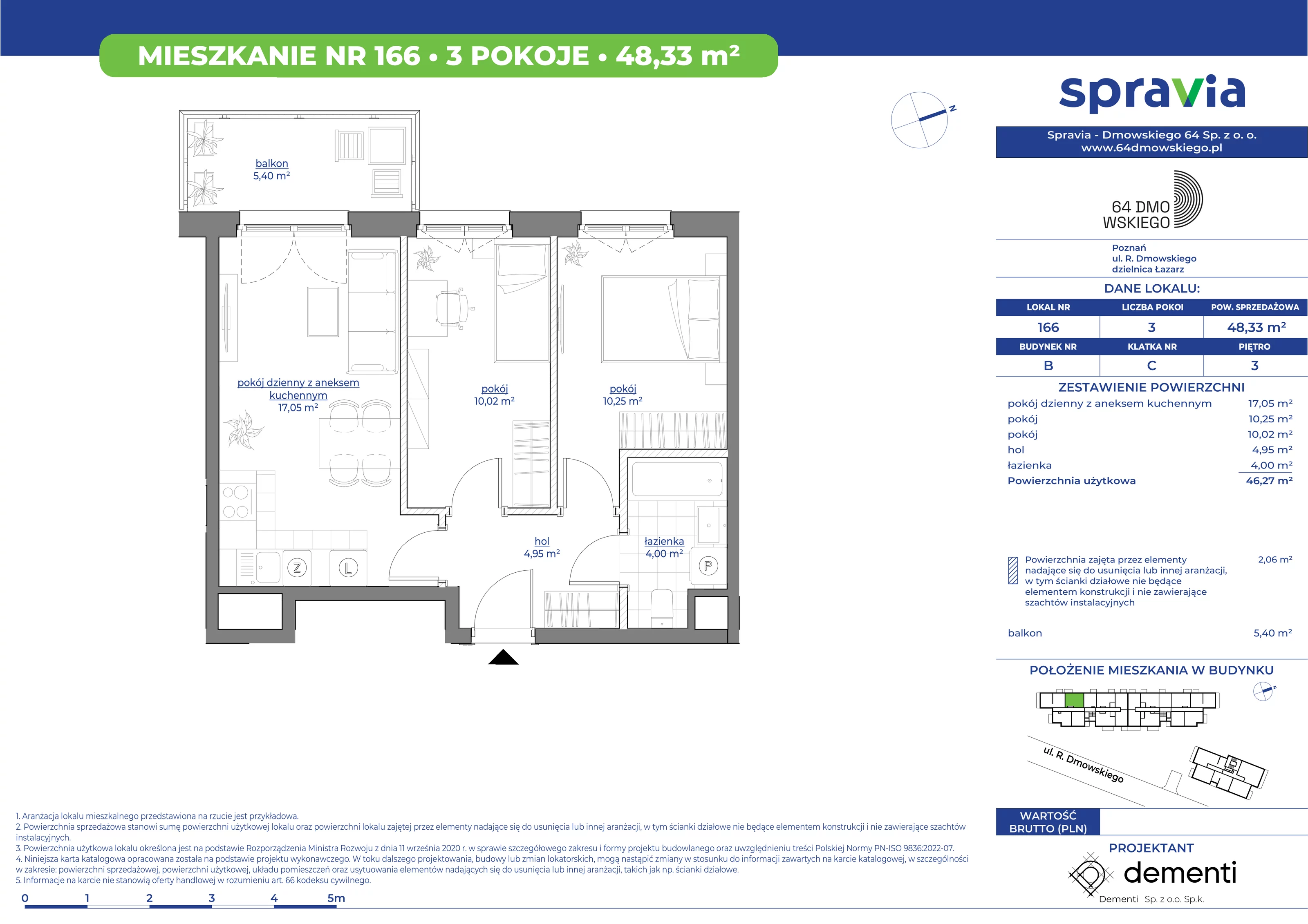 Mieszkanie 48,33 m², piętro 3, oferta nr 166, 64 Dmowskiego, Poznań, Św. Łazarz, Łazarz, ul. R. Dmowskiego