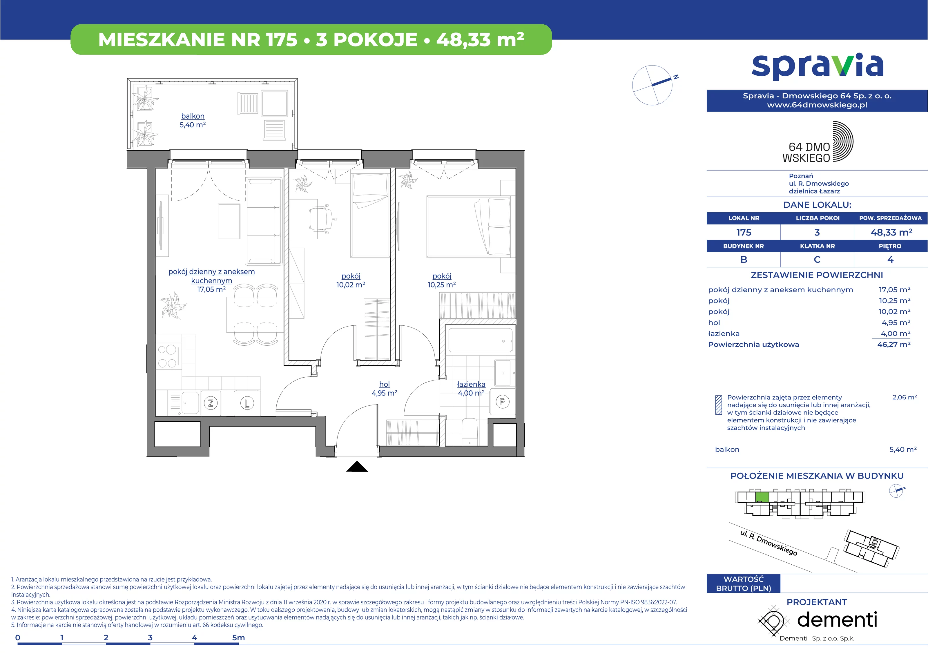 Mieszkanie 48,33 m², piętro 4, oferta nr 175, 64 Dmowskiego, Poznań, Św. Łazarz, Łazarz, ul. R. Dmowskiego