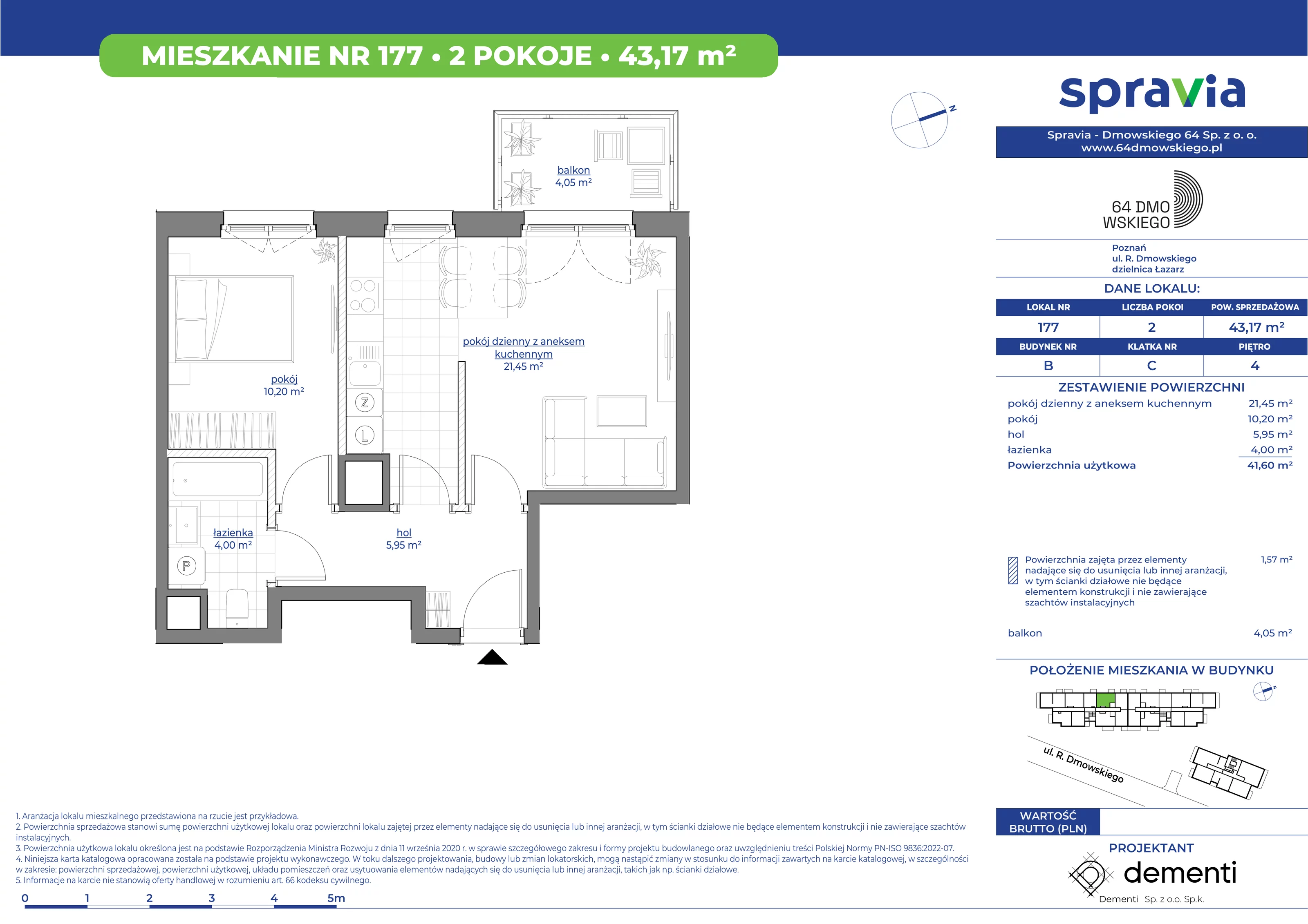 Mieszkanie 43,17 m², piętro 4, oferta nr 177, 64 Dmowskiego, Poznań, Św. Łazarz, Łazarz, ul. R. Dmowskiego