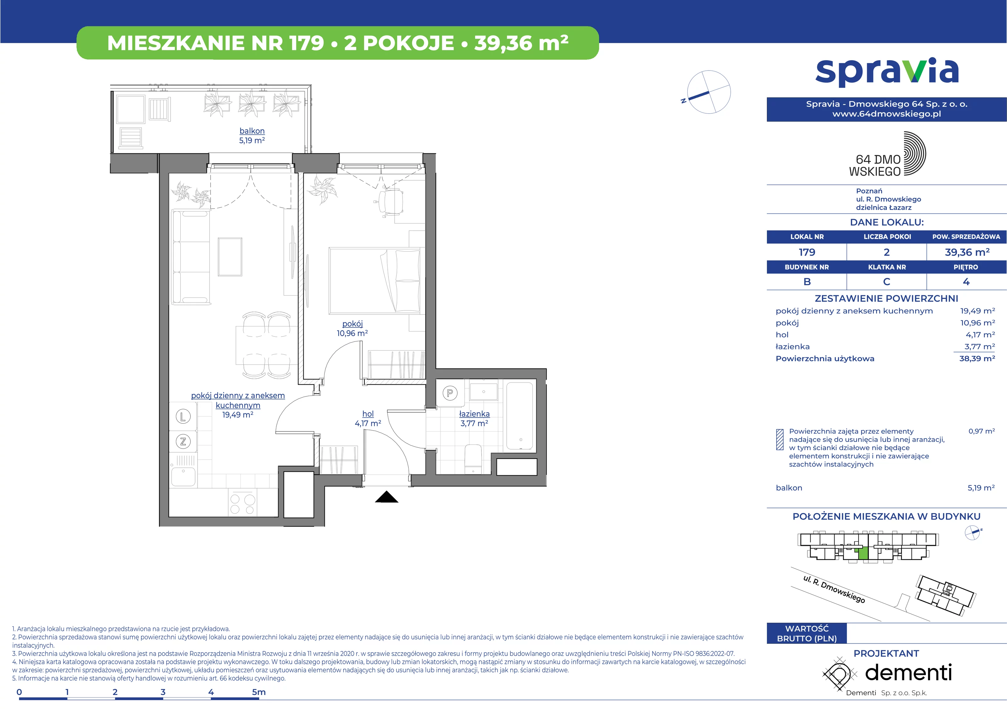 Mieszkanie 39,36 m², piętro 4, oferta nr 179, 64 Dmowskiego, Poznań, Św. Łazarz, Łazarz, ul. R. Dmowskiego