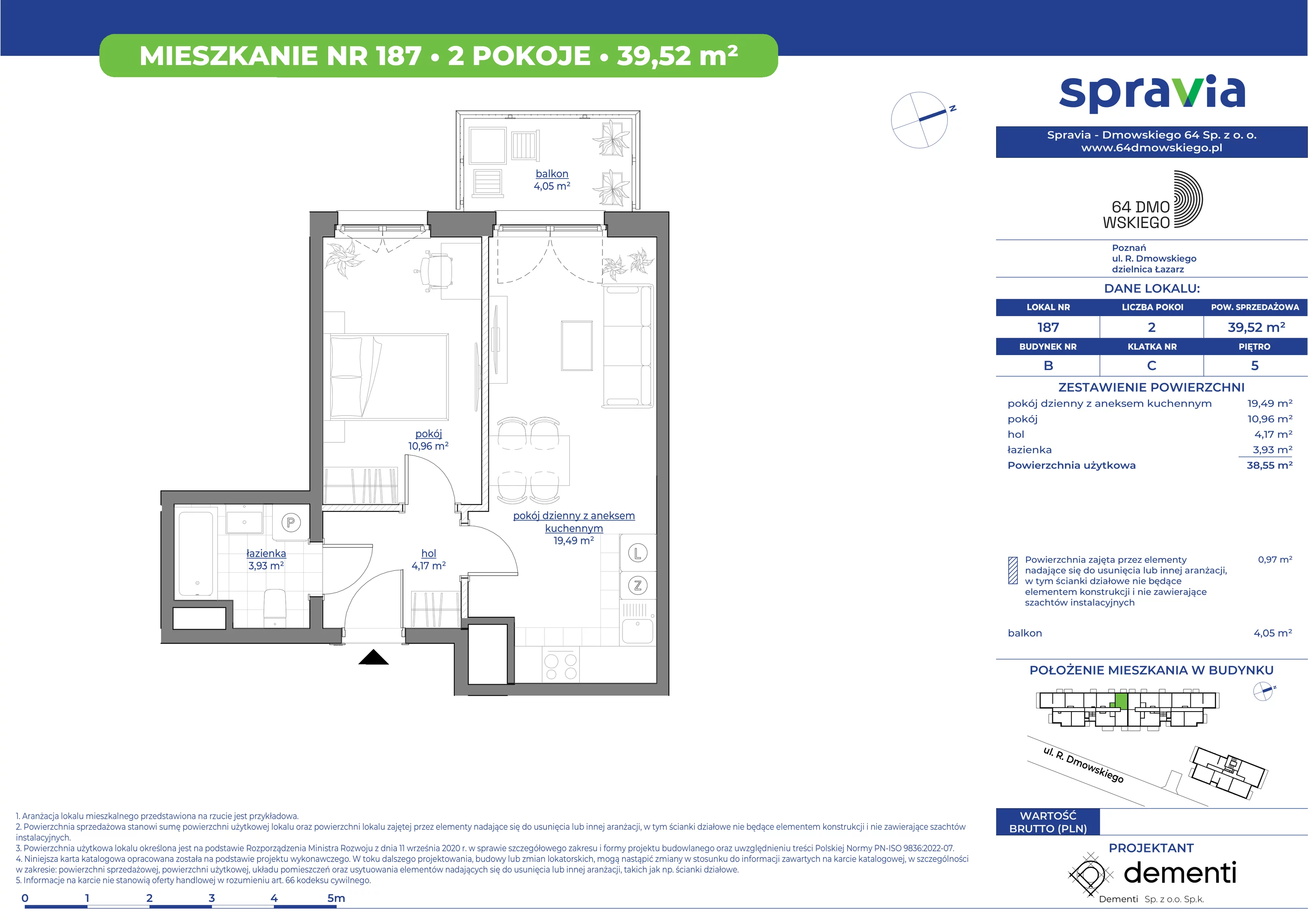 Mieszkanie 39,52 m², piętro 5, oferta nr 187, 64 Dmowskiego, Poznań, Św. Łazarz, Łazarz, ul. R. Dmowskiego