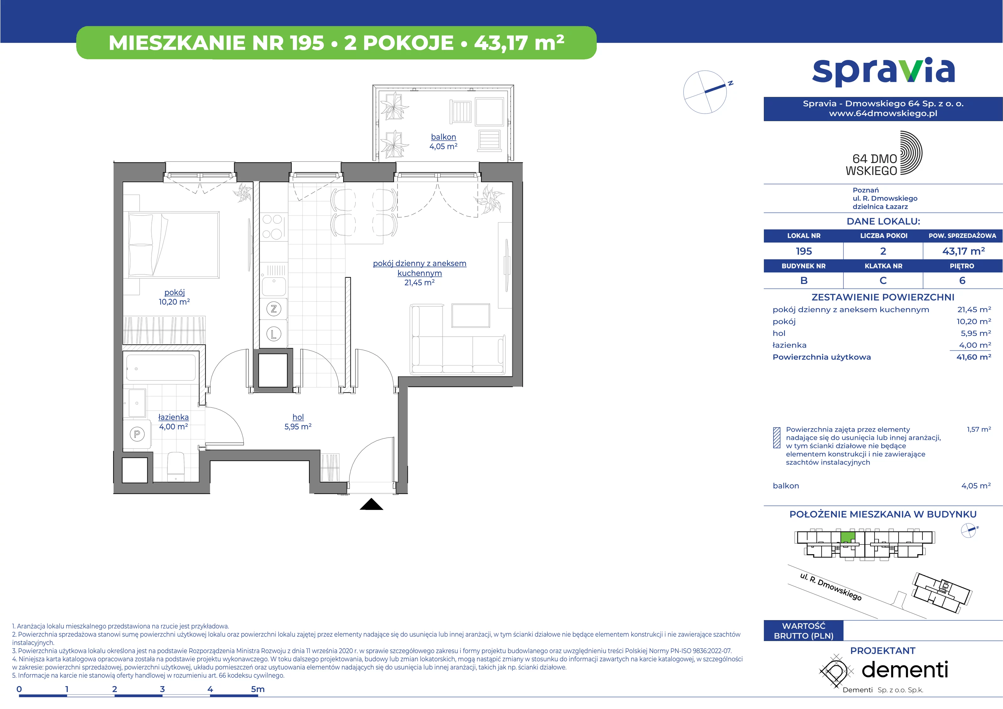 Mieszkanie 43,17 m², piętro 6, oferta nr 195, 64 Dmowskiego, Poznań, Św. Łazarz, Łazarz, ul. R. Dmowskiego