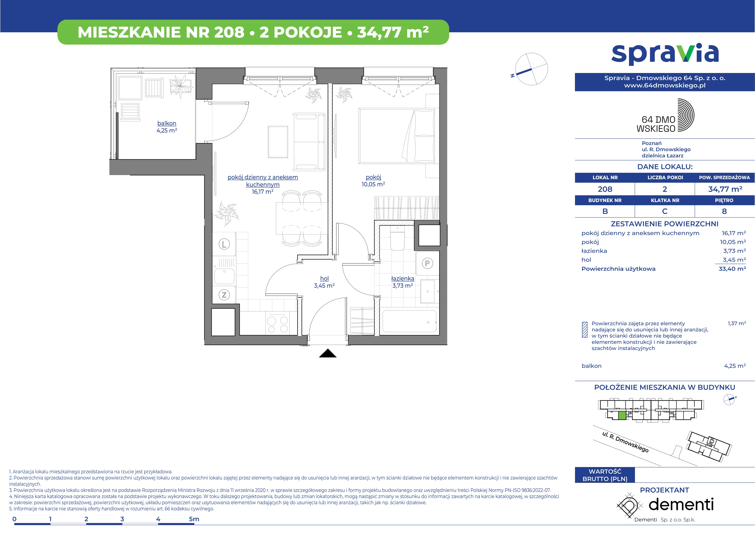 Mieszkanie 34,77 m², piętro 8, oferta nr 208, 64 Dmowskiego, Poznań, Św. Łazarz, Łazarz, ul. R. Dmowskiego