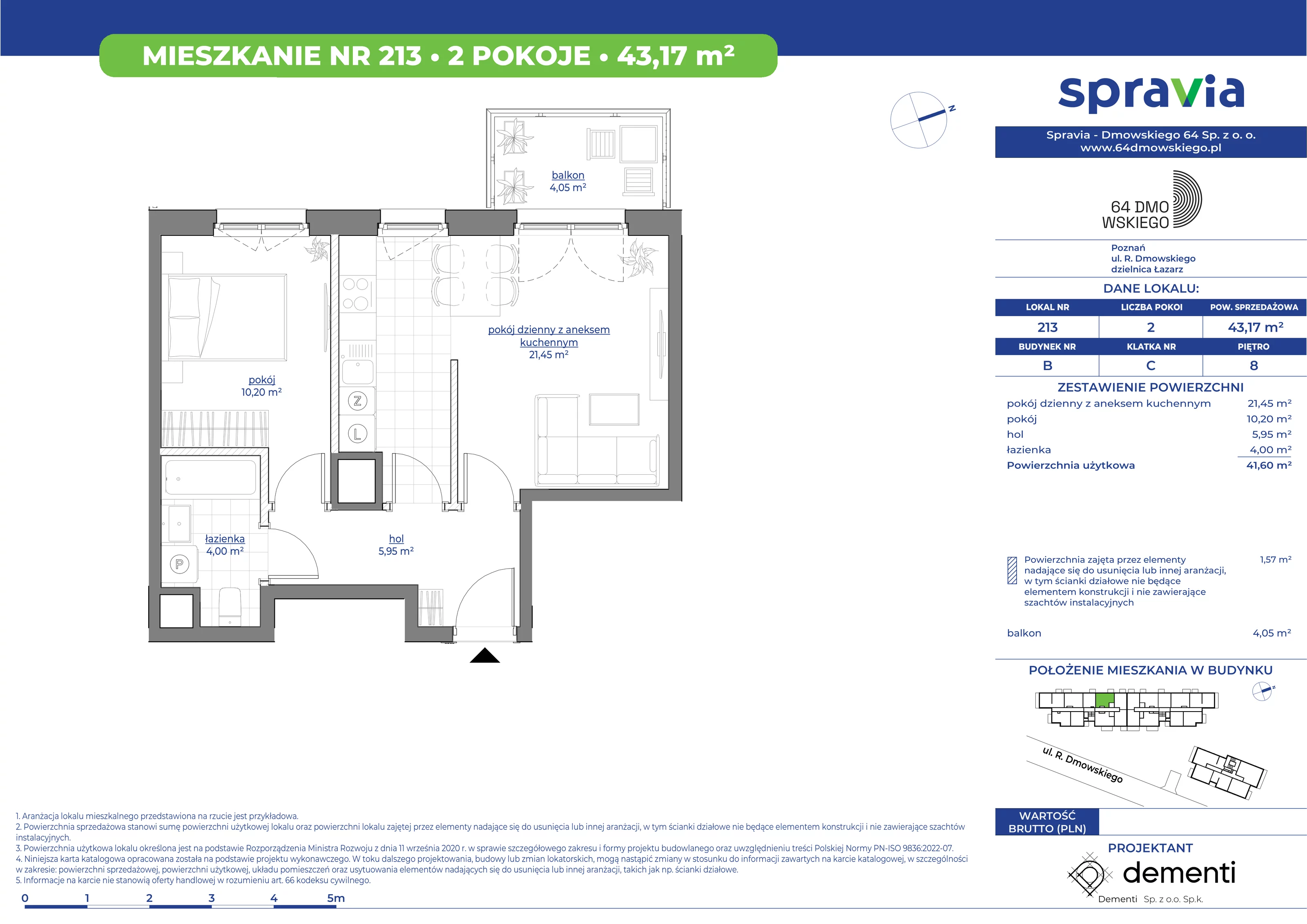 Mieszkanie 43,17 m², piętro 8, oferta nr 213, 64 Dmowskiego, Poznań, Św. Łazarz, Łazarz, ul. R. Dmowskiego