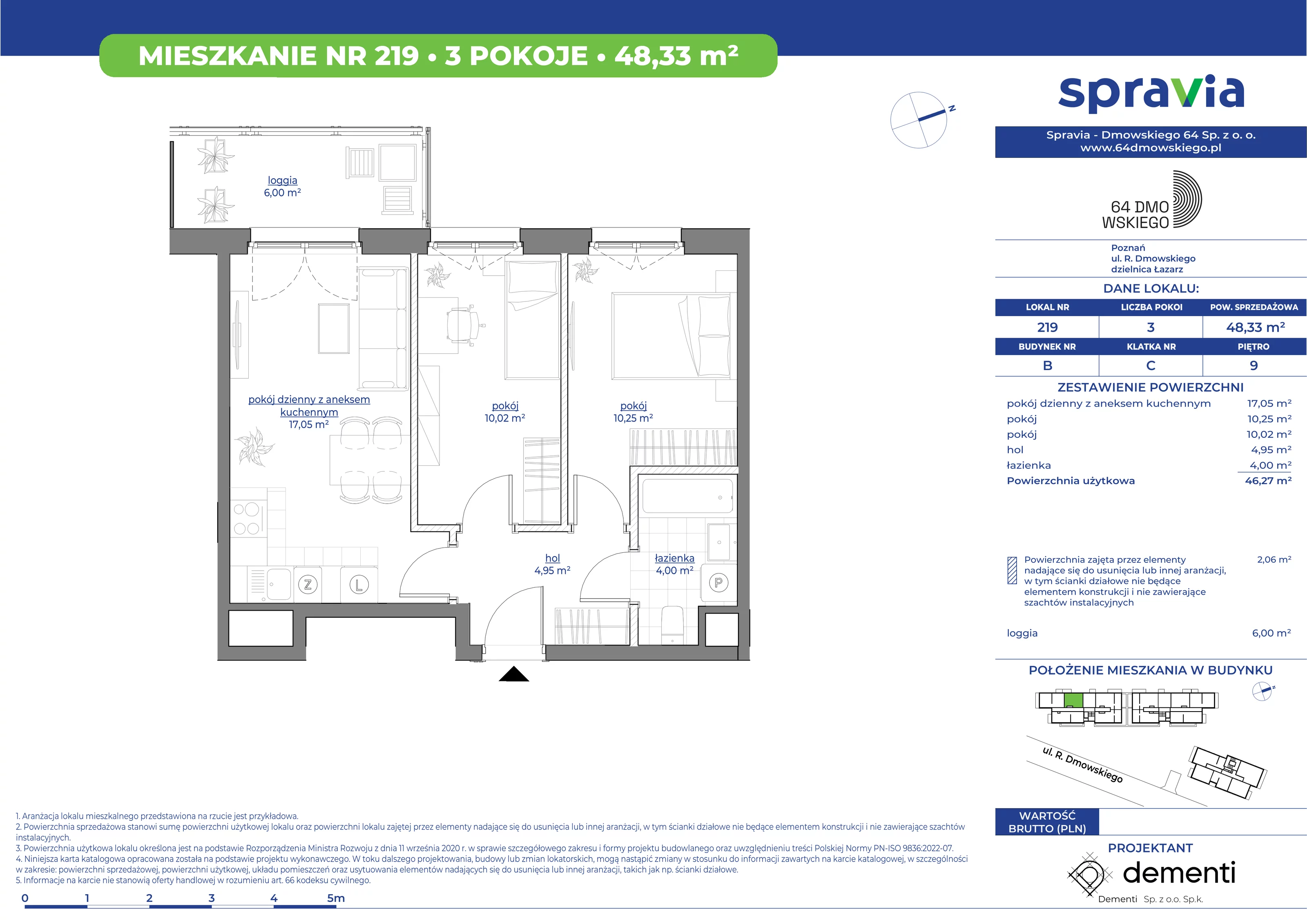 Mieszkanie 48,33 m², piętro 9, oferta nr 219, 64 Dmowskiego, Poznań, Św. Łazarz, Łazarz, ul. R. Dmowskiego