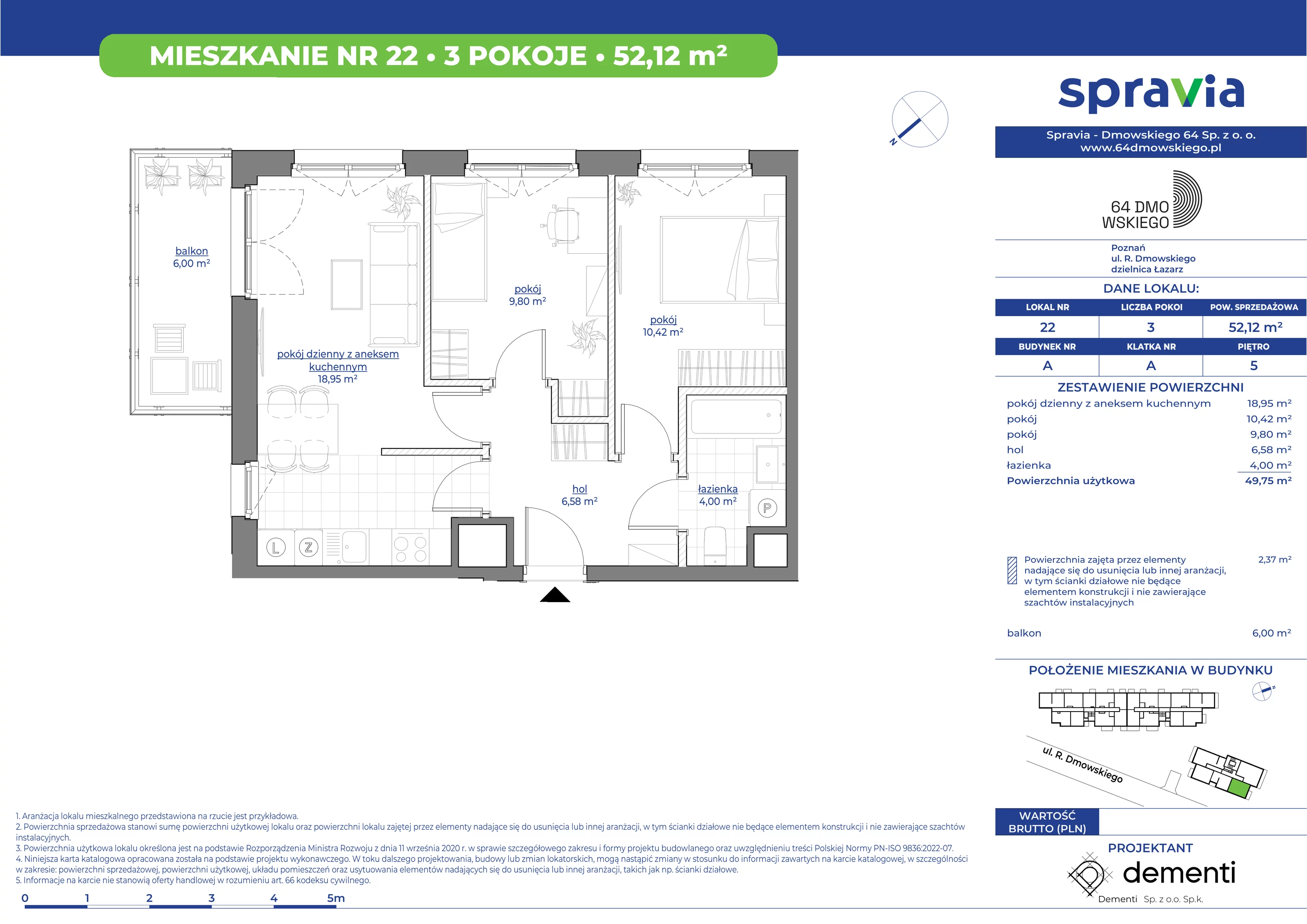 3 pokoje, mieszkanie 52,12 m², piętro 5, oferta nr 22, 64 Dmowskiego, Poznań, Św. Łazarz, Łazarz, ul. R. Dmowskiego