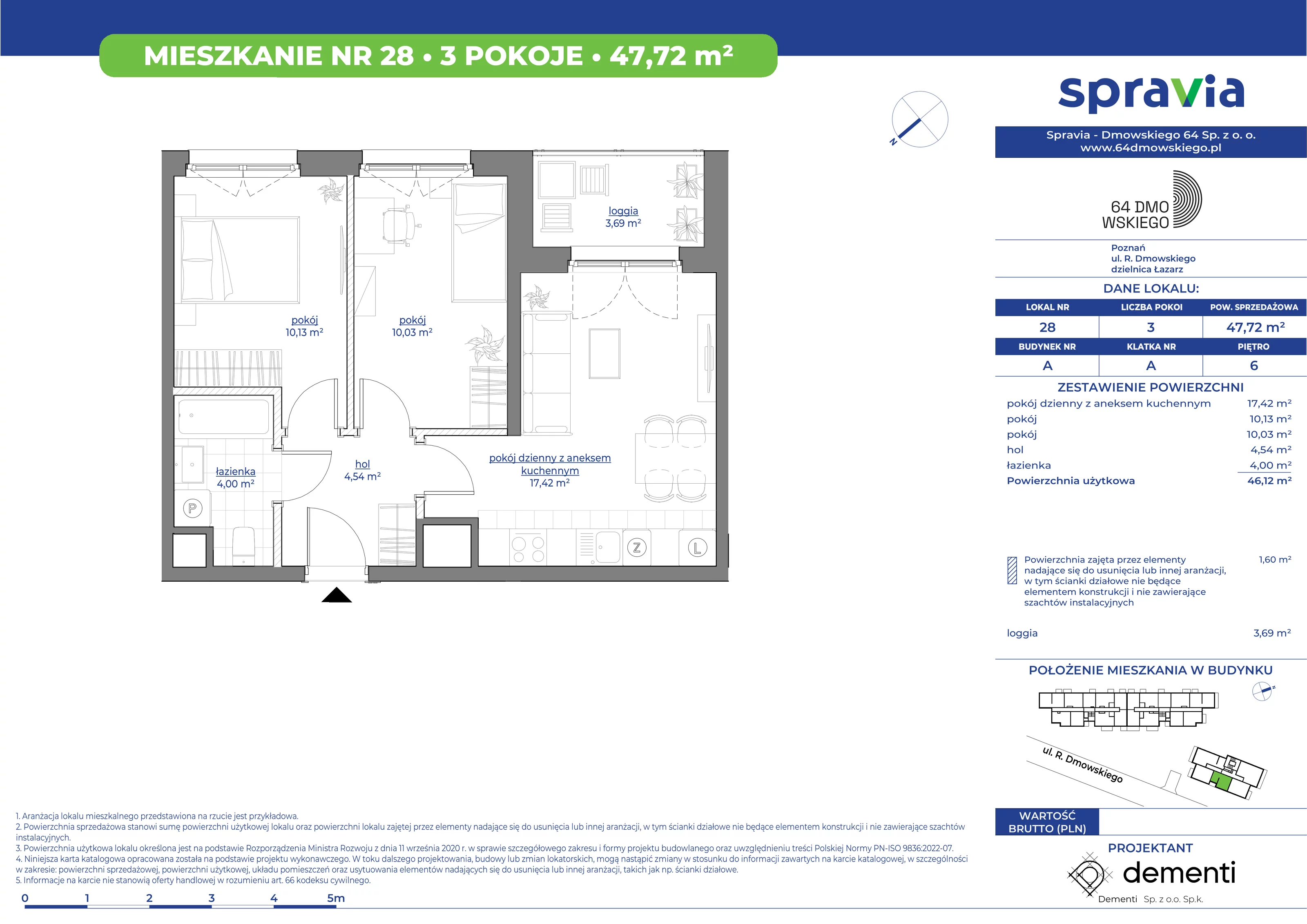 Mieszkanie 47,72 m², piętro 6, oferta nr 28, 64 Dmowskiego, Poznań, Św. Łazarz, Łazarz, ul. R. Dmowskiego