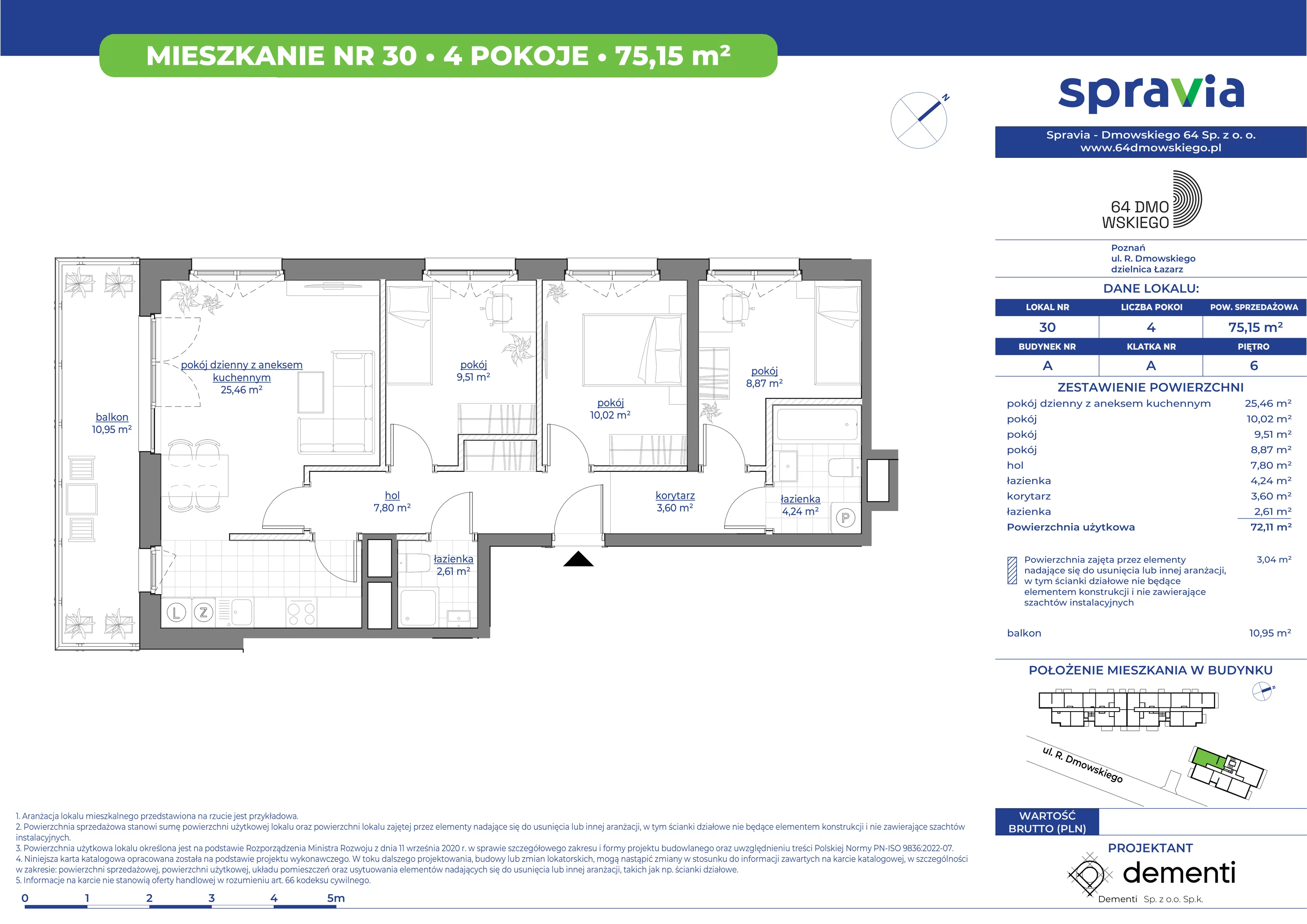 Mieszkanie 75,15 m², piętro 6, oferta nr 30, 64 Dmowskiego, Poznań, Św. Łazarz, Łazarz, ul. R. Dmowskiego