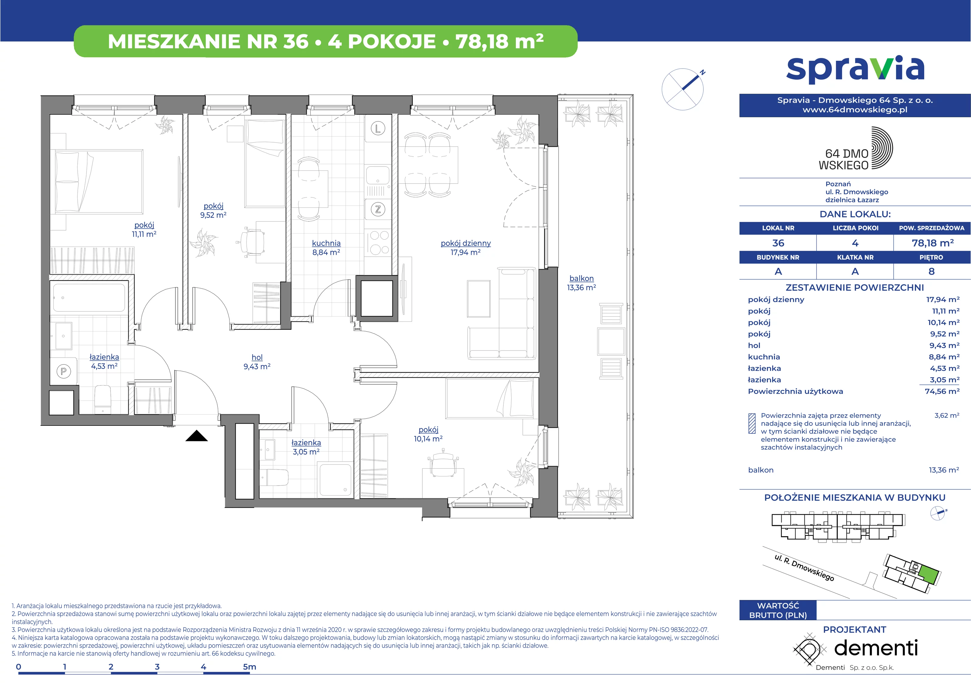 Mieszkanie 78,18 m², piętro 8, oferta nr 36, 64 Dmowskiego, Poznań, Św. Łazarz, Łazarz, ul. R. Dmowskiego