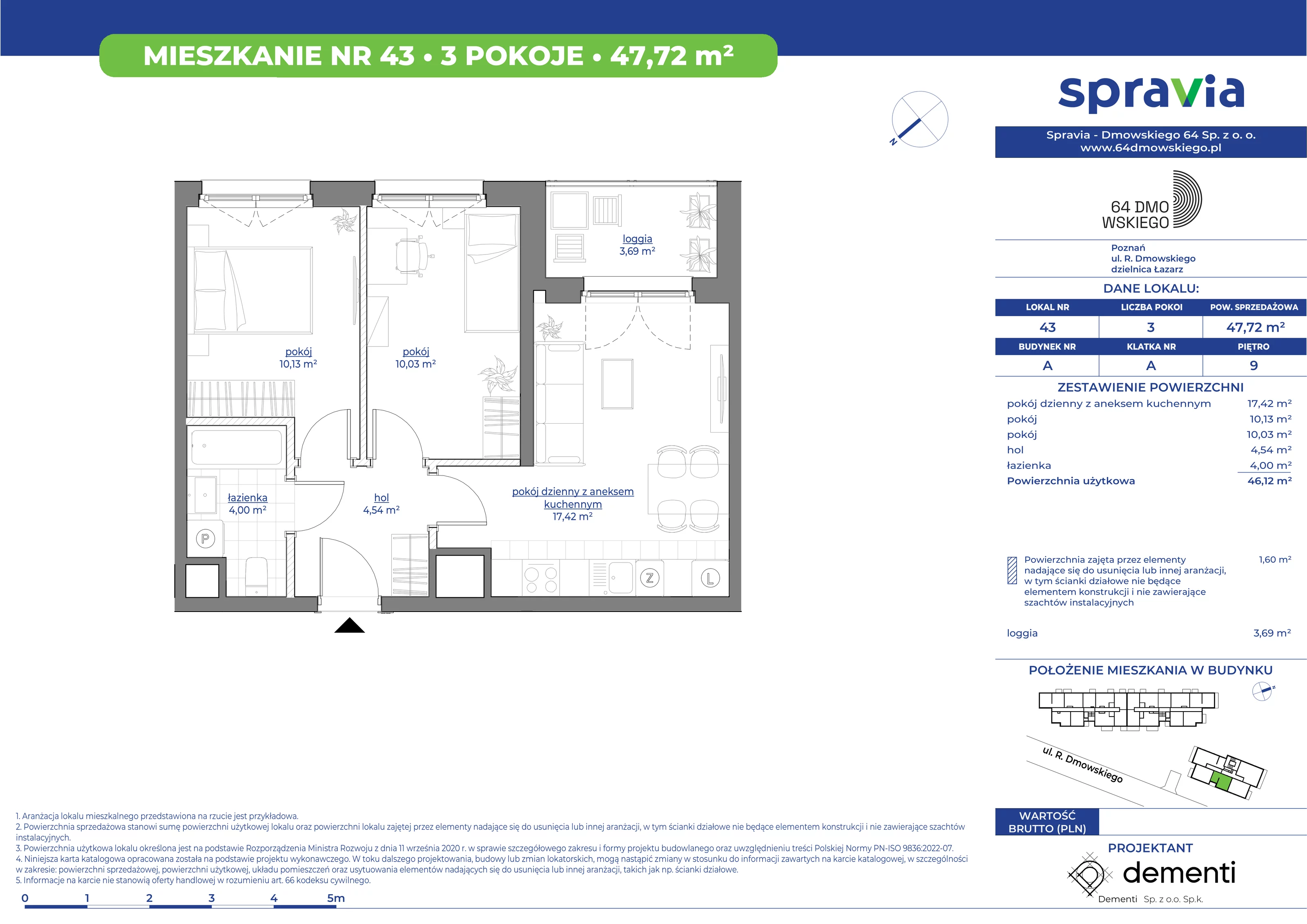 Mieszkanie 47,72 m², piętro 9, oferta nr 43, 64 Dmowskiego, Poznań, Św. Łazarz, Łazarz, ul. R. Dmowskiego