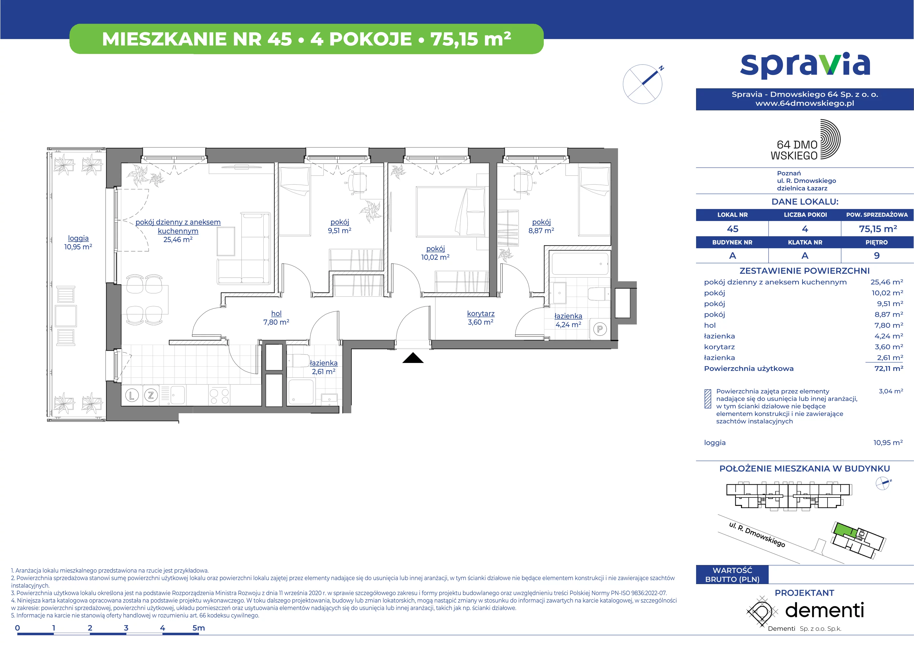 Mieszkanie 75,15 m², piętro 9, oferta nr 45, 64 Dmowskiego, Poznań, Św. Łazarz, Łazarz, ul. R. Dmowskiego