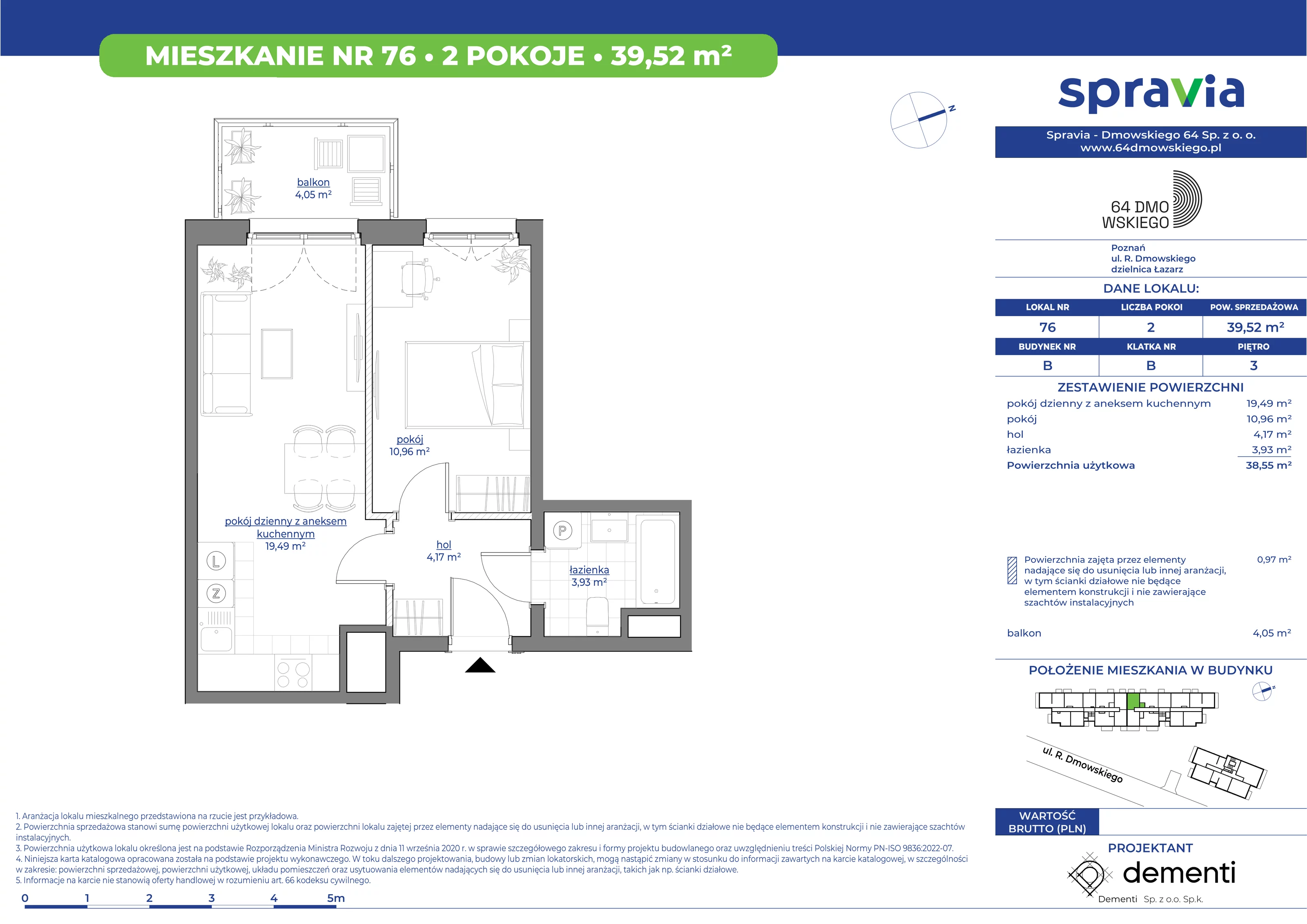 Mieszkanie 39,52 m², piętro 3, oferta nr 76, 64 Dmowskiego, Poznań, Św. Łazarz, Łazarz, ul. R. Dmowskiego
