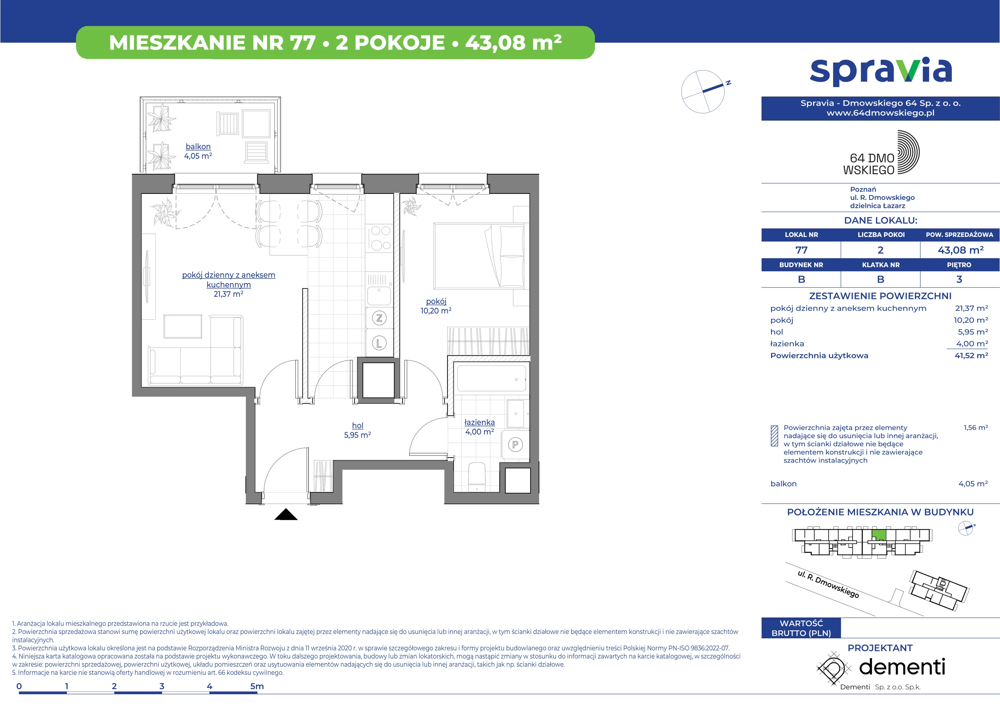 Mieszkanie 43,08 m², piętro 3, oferta nr 77, 64 Dmowskiego, Poznań, Św. Łazarz, Łazarz, ul. R. Dmowskiego