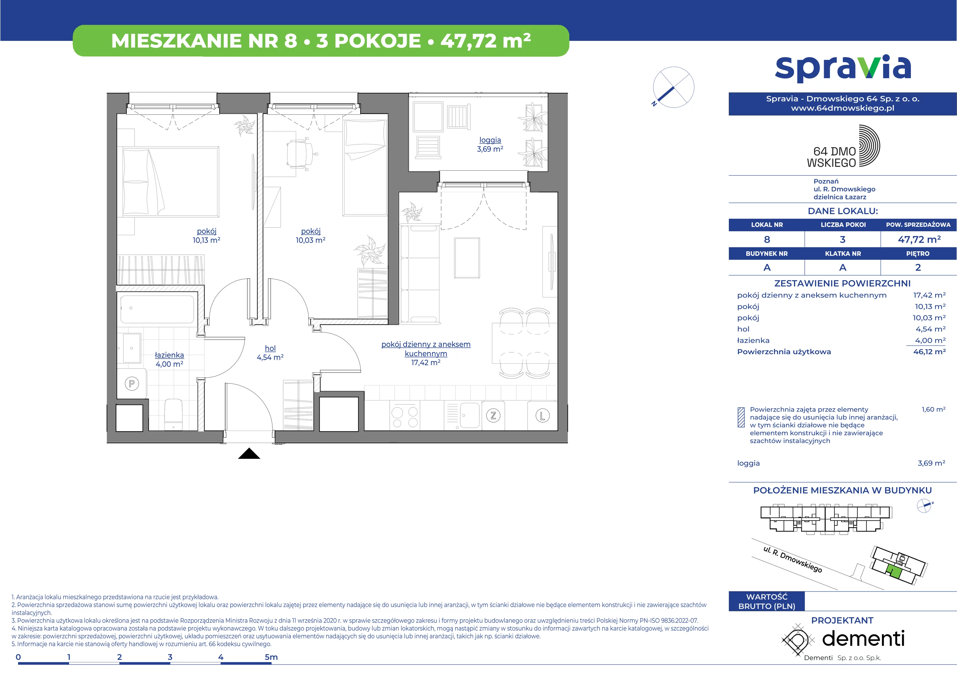 Mieszkanie 47,72 m², piętro 2, oferta nr 8, 64 Dmowskiego, Poznań, Św. Łazarz, Łazarz, ul. R. Dmowskiego