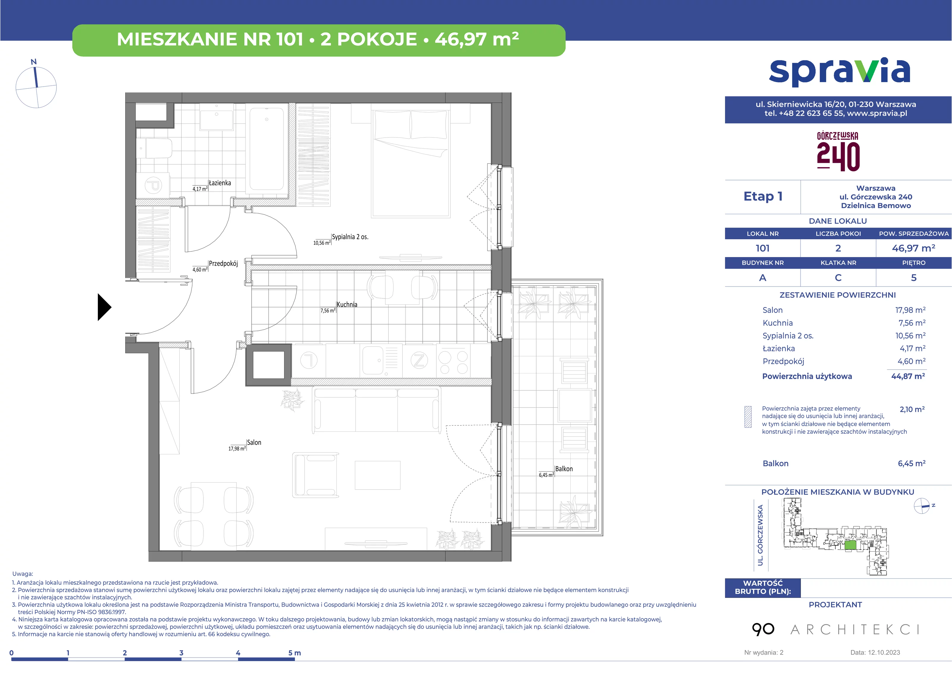 Mieszkanie 46,97 m², piętro 5, oferta nr 101, Górczewska 240, Warszawa, Bemowo, Górce, ul. Górczewska 240