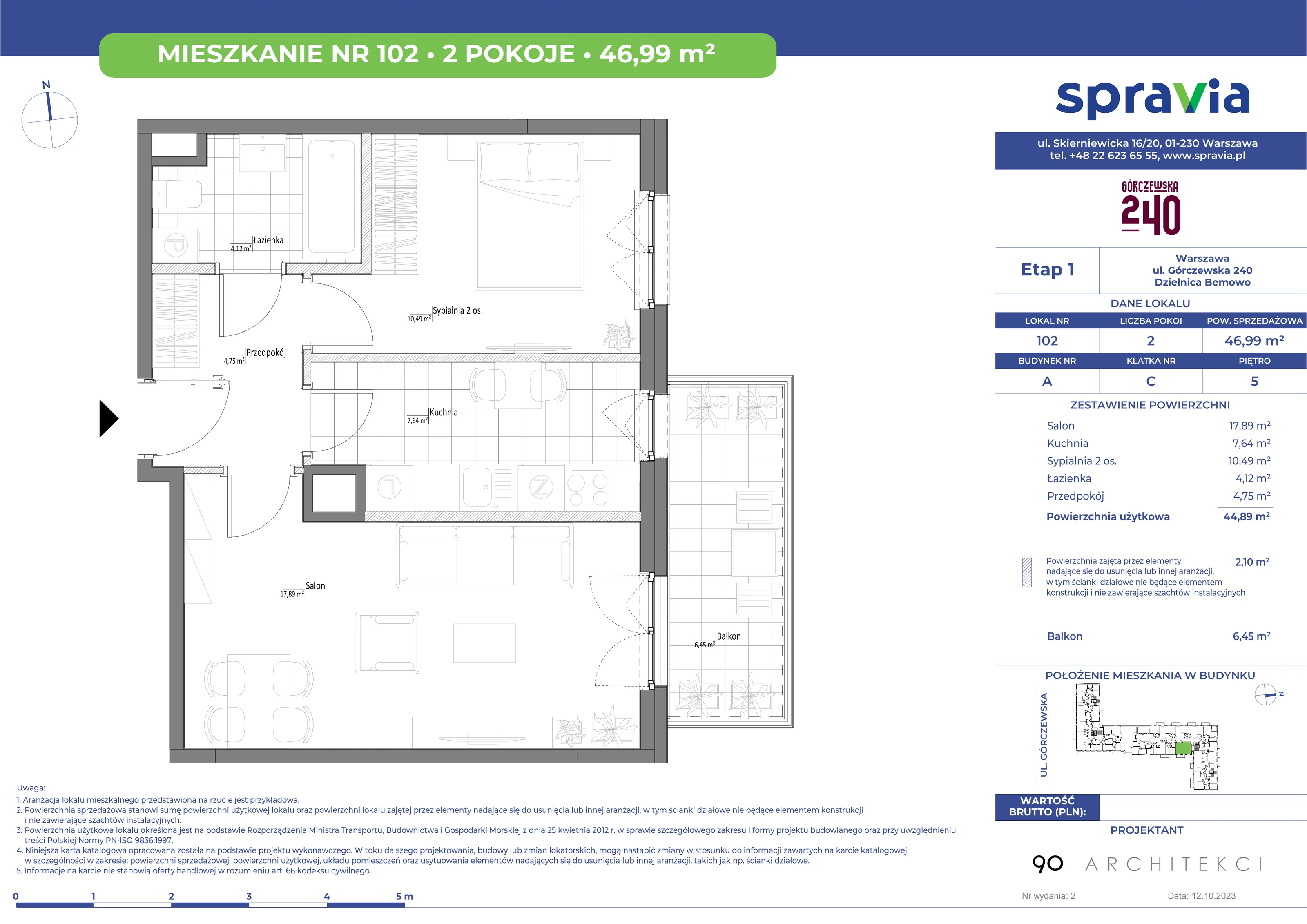 Mieszkanie 46,99 m², piętro 5, oferta nr 102, Górczewska 240, Warszawa, Bemowo, Górce, ul. Górczewska 240