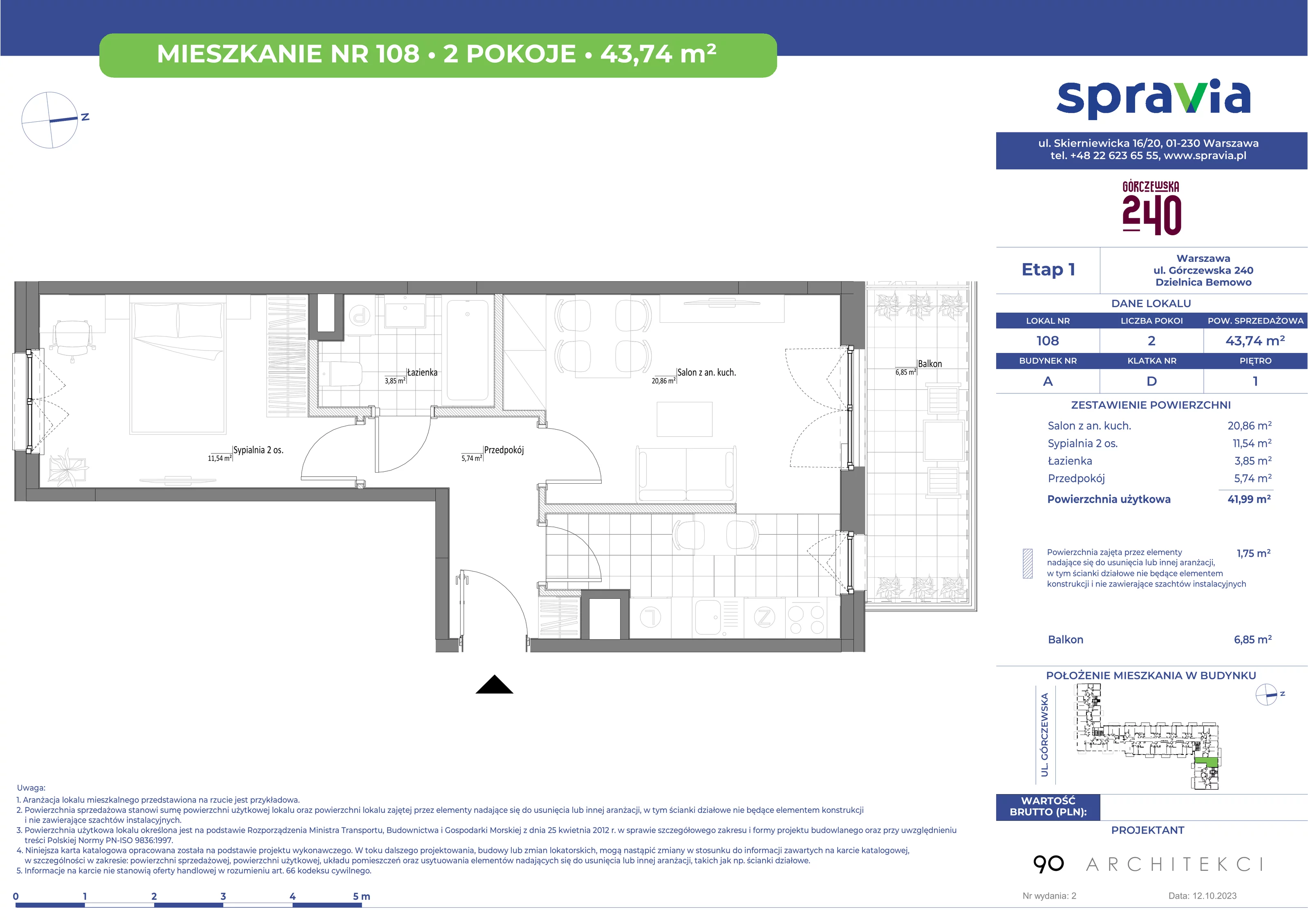 Mieszkanie 43,74 m², piętro 1, oferta nr 108, Górczewska 240, Warszawa, Bemowo, Górce, ul. Górczewska 240