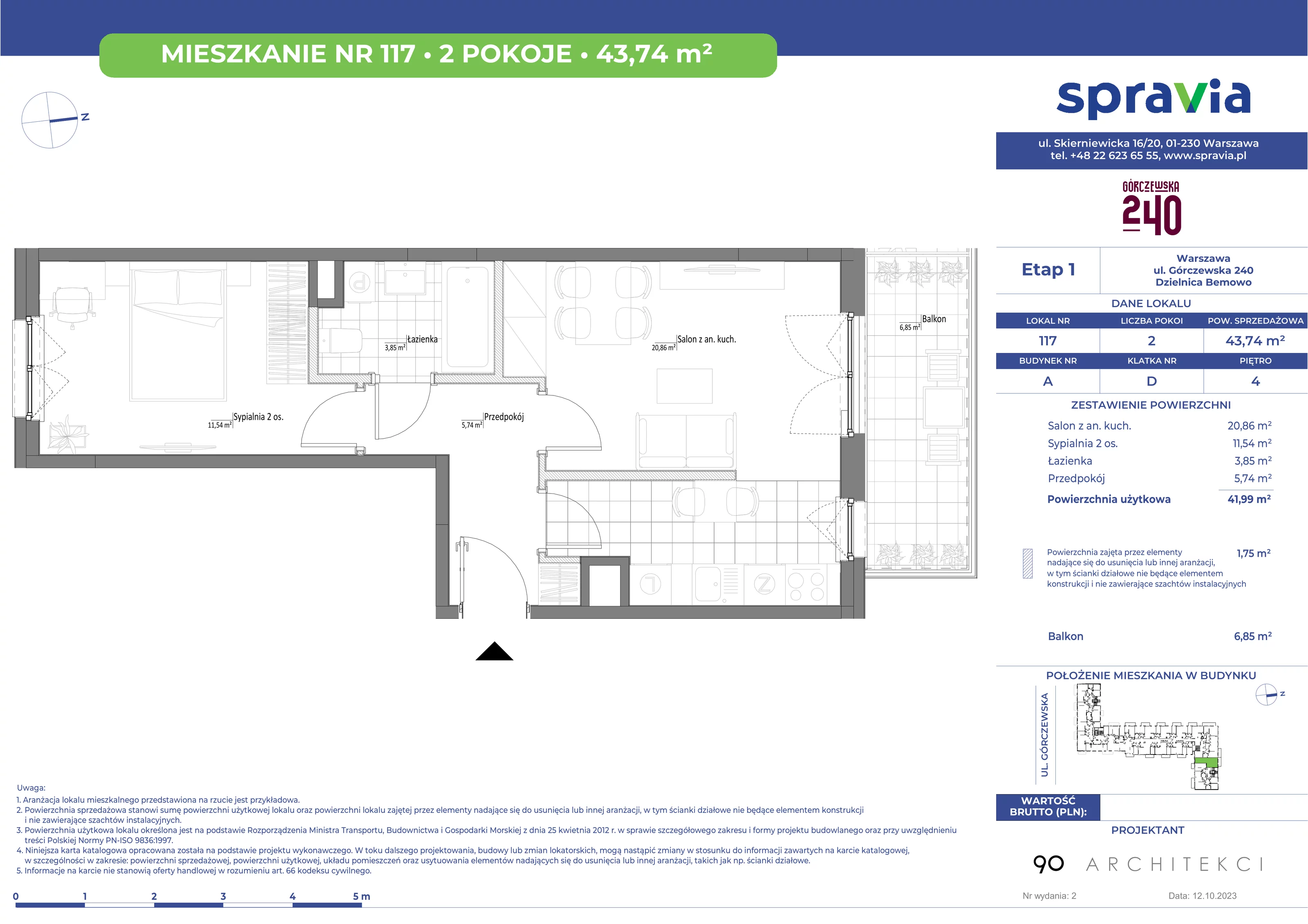 Mieszkanie 43,74 m², piętro 4, oferta nr 117, Górczewska 240, Warszawa, Bemowo, Górce, ul. Górczewska 240