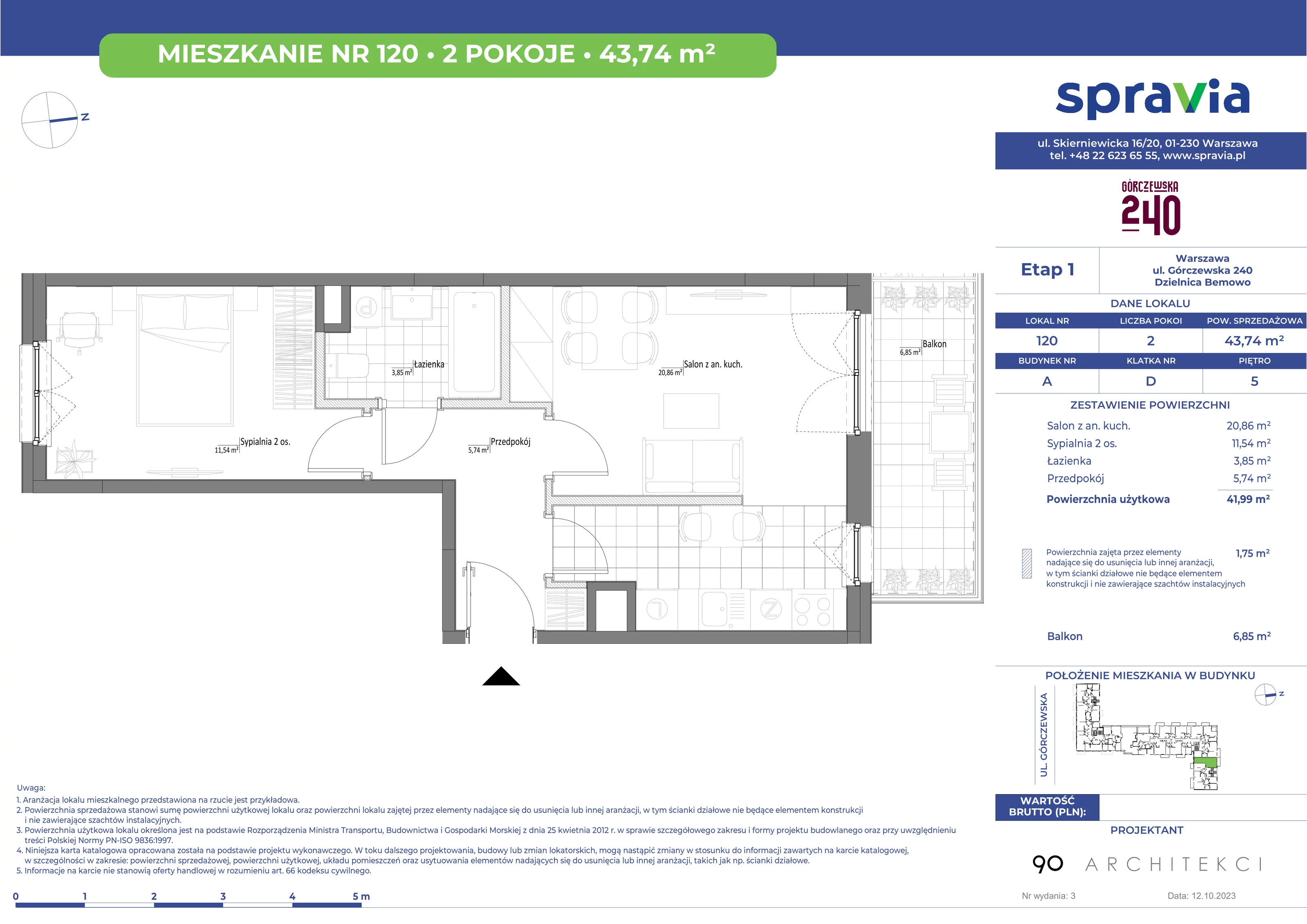 Mieszkanie 43,74 m², piętro 5, oferta nr 120, Górczewska 240, Warszawa, Bemowo, Górce, ul. Górczewska 240