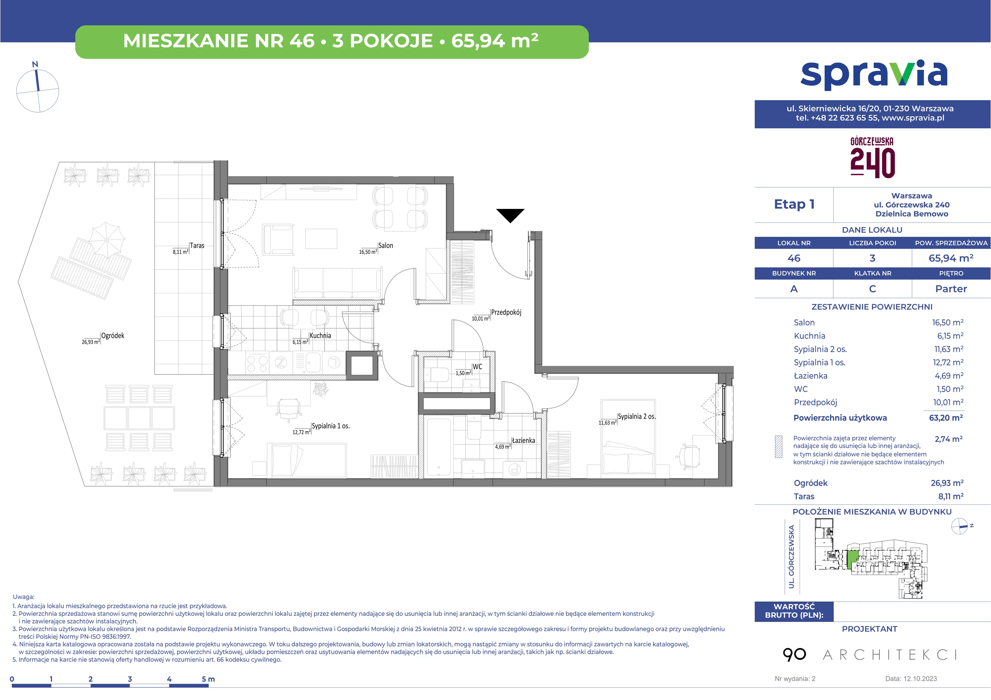 Mieszkanie 65,94 m², parter, oferta nr 46, Górczewska 240, Warszawa, Bemowo, Górce, ul. Górczewska 240