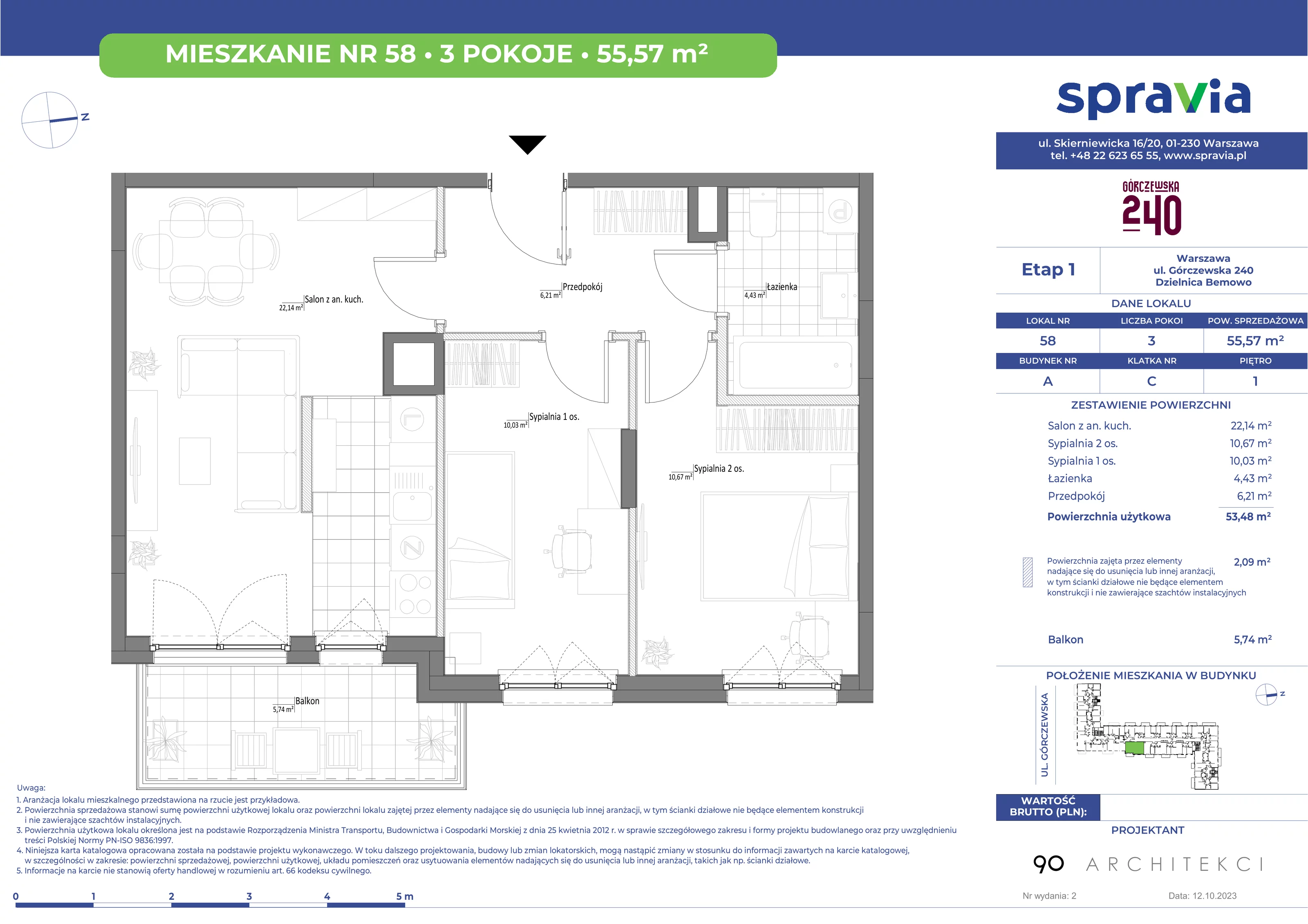 Mieszkanie 55,57 m², piętro 1, oferta nr 58, Górczewska 240, Warszawa, Bemowo, Górce, ul. Górczewska 240