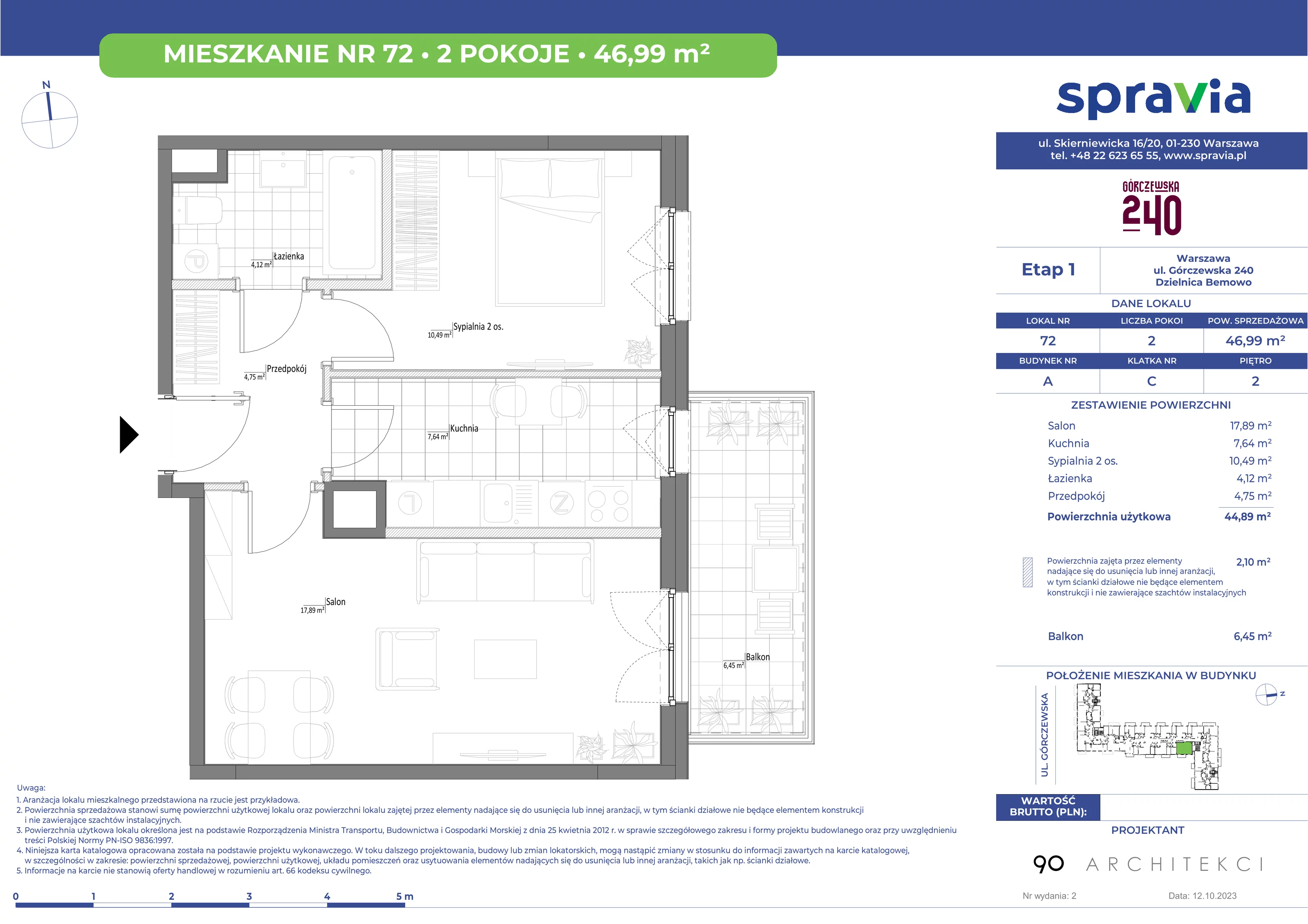 Mieszkanie 46,99 m², piętro 2, oferta nr 72, Górczewska 240, Warszawa, Bemowo, Górce, ul. Górczewska 240