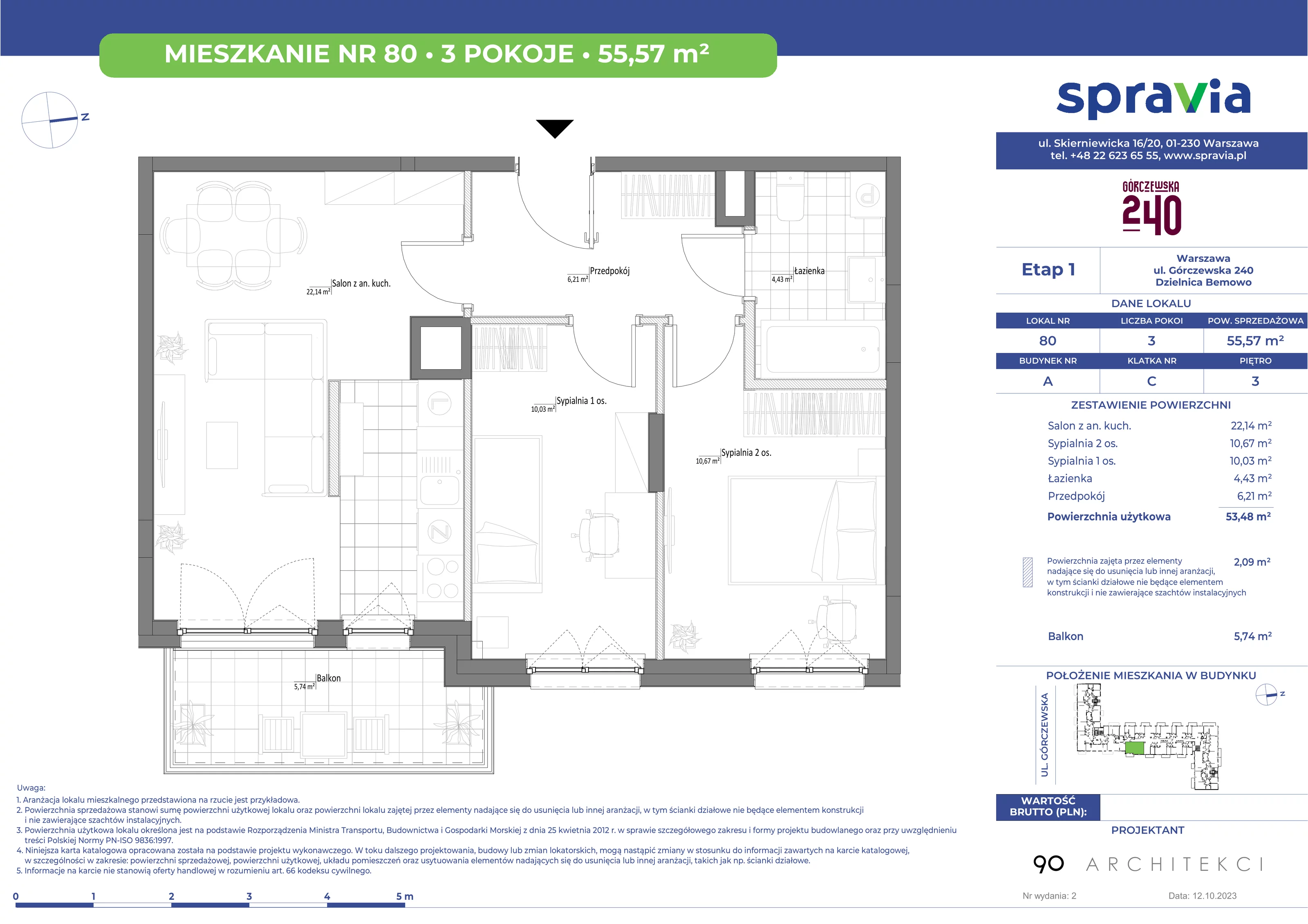 Mieszkanie 55,57 m², piętro 3, oferta nr 80, Górczewska 240, Warszawa, Bemowo, Górce, ul. Górczewska 240