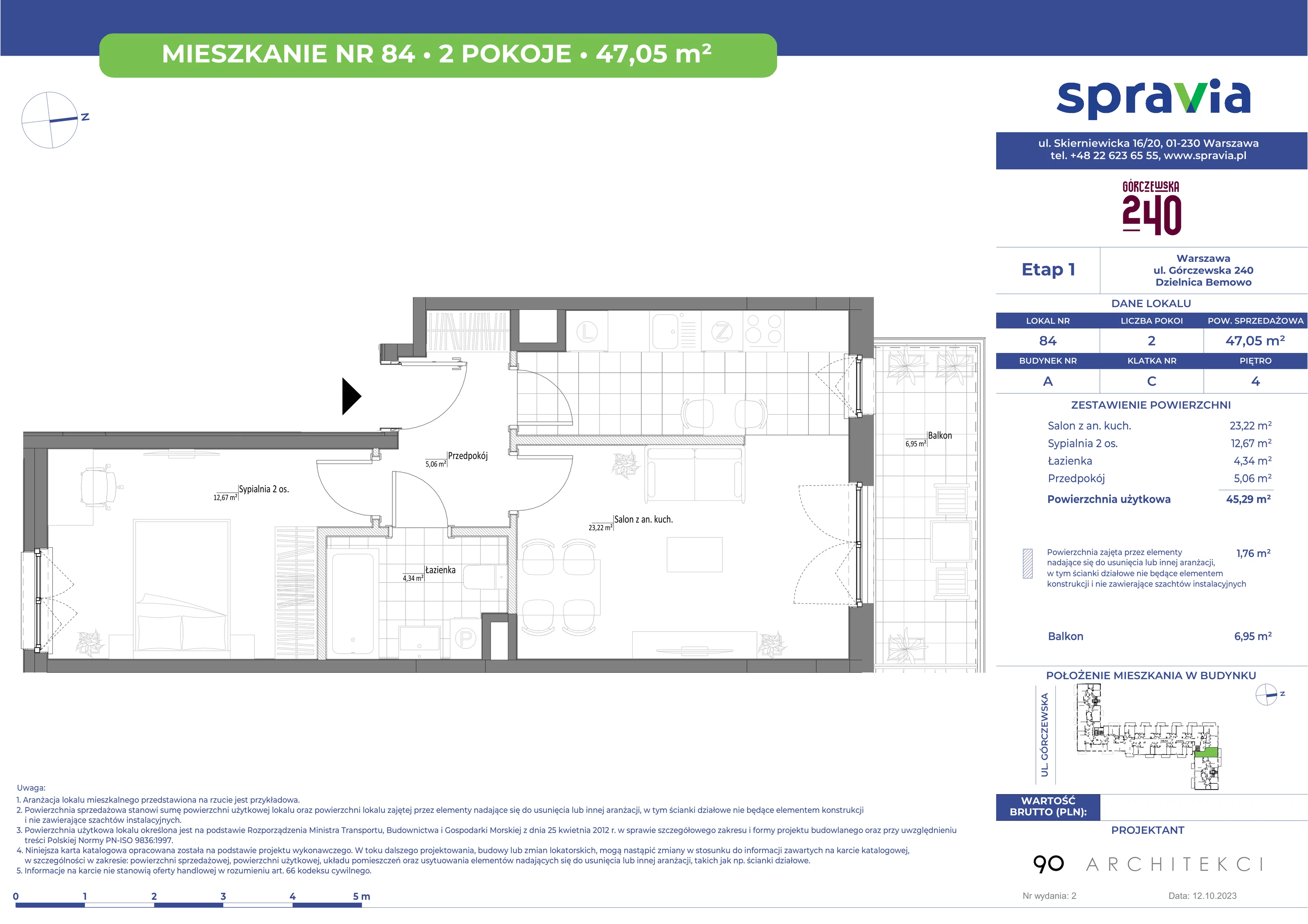 Mieszkanie 47,05 m², piętro 4, oferta nr 84, Górczewska 240, Warszawa, Bemowo, Górce, ul. Górczewska 240