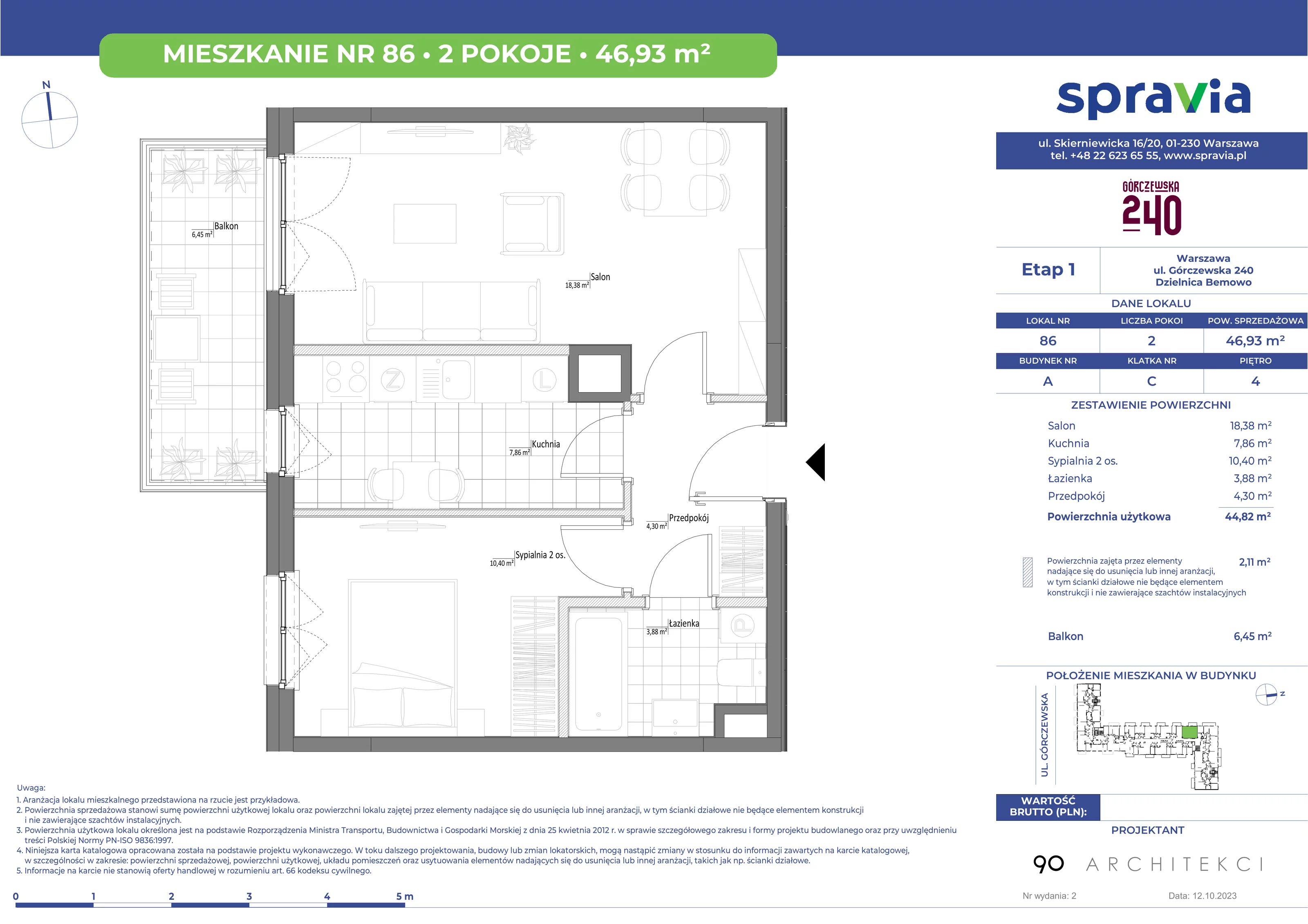 Mieszkanie 46,93 m², piętro 4, oferta nr 86, Górczewska 240, Warszawa, Bemowo, Górce, ul. Górczewska 240