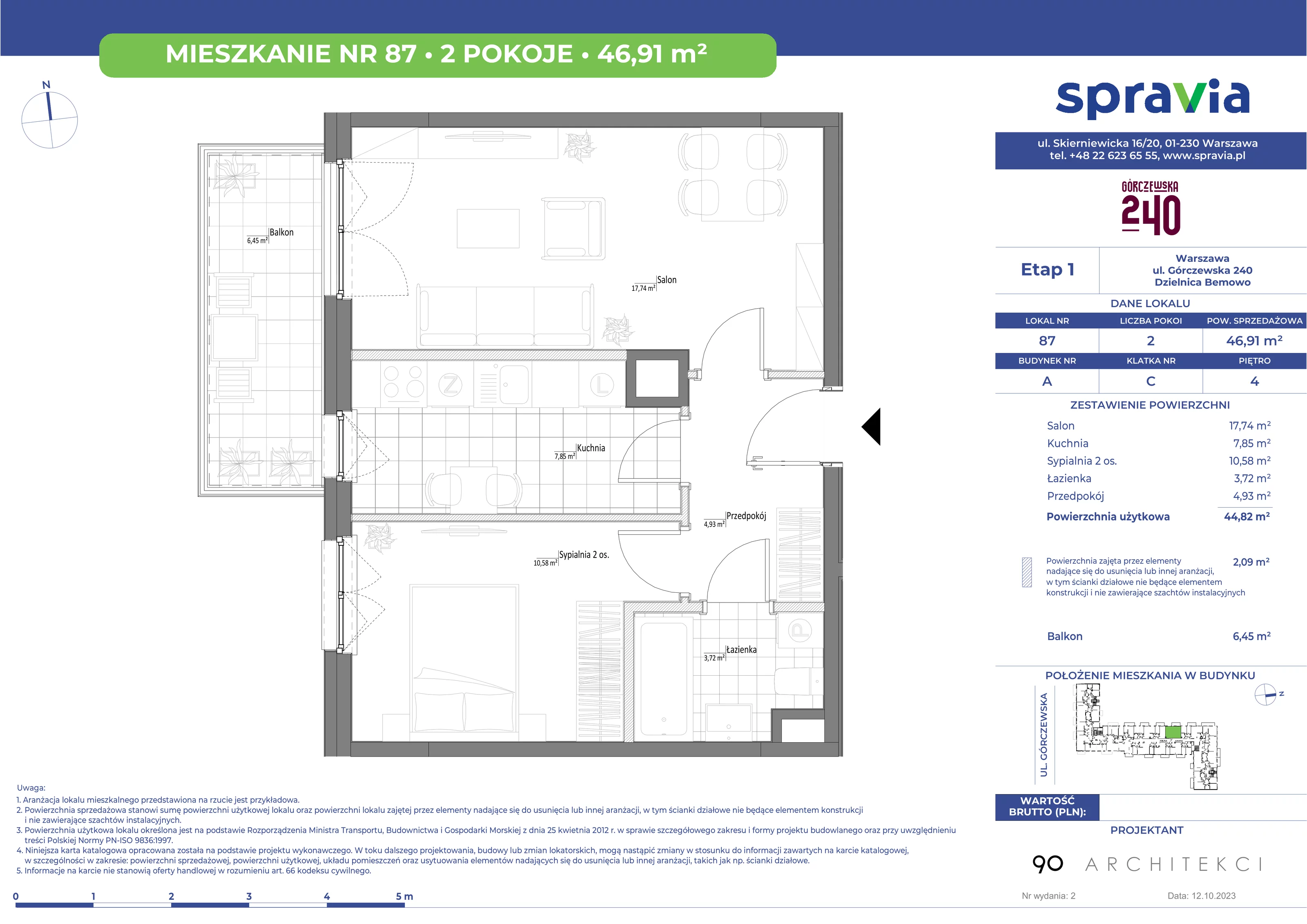 Mieszkanie 46,91 m², piętro 4, oferta nr 87, Górczewska 240, Warszawa, Bemowo, Górce, ul. Górczewska 240