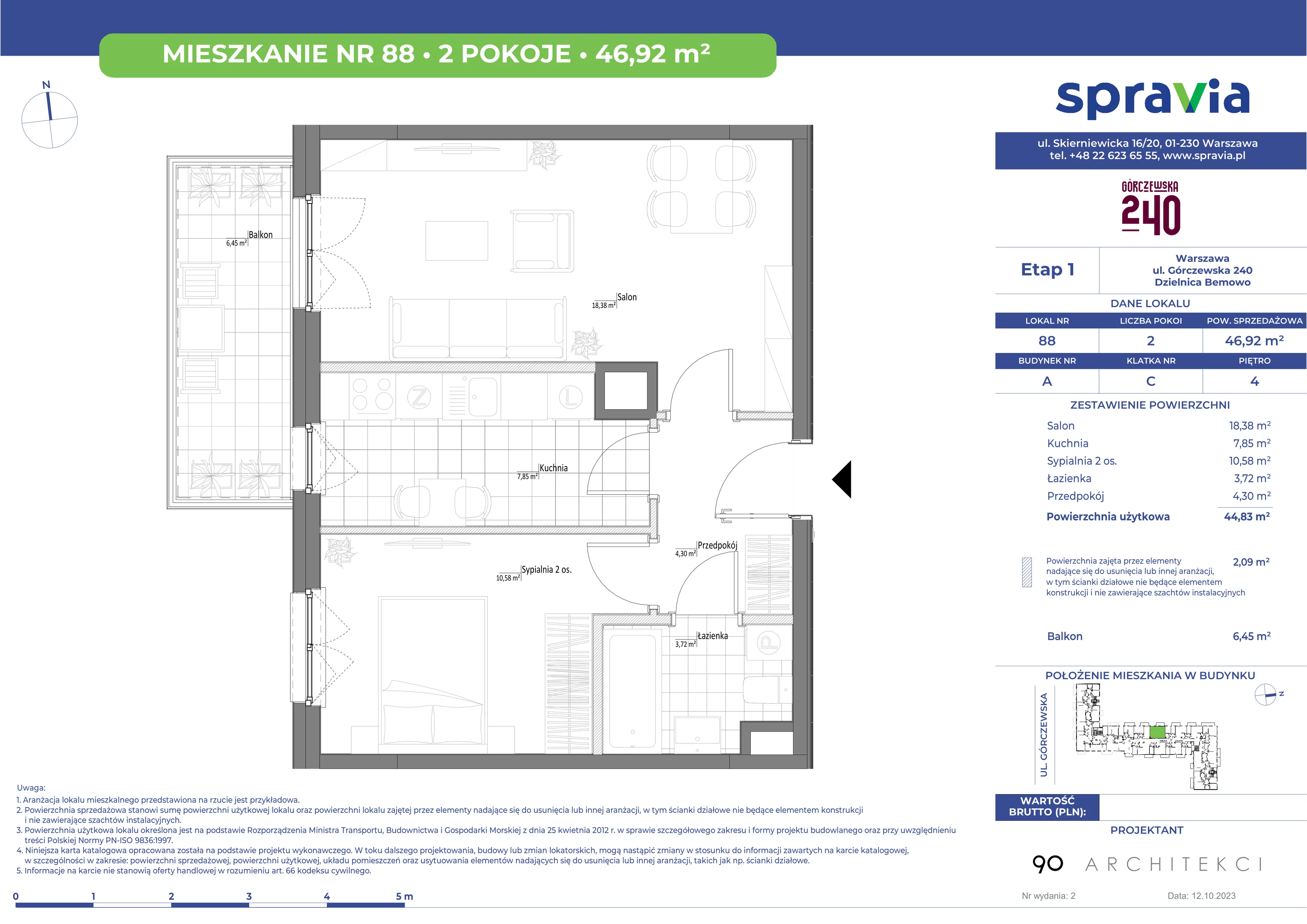 Mieszkanie 46,92 m², piętro 4, oferta nr 88, Górczewska 240, Warszawa, Bemowo, Górce, ul. Górczewska 240