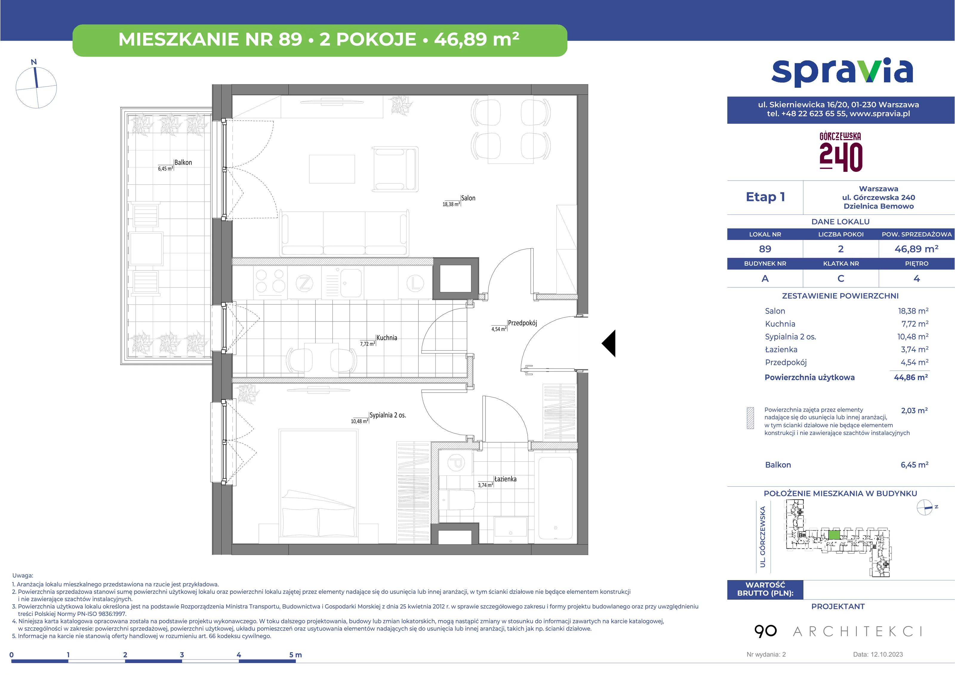 Mieszkanie 46,89 m², piętro 4, oferta nr 89, Górczewska 240, Warszawa, Bemowo, Górce, ul. Górczewska 240