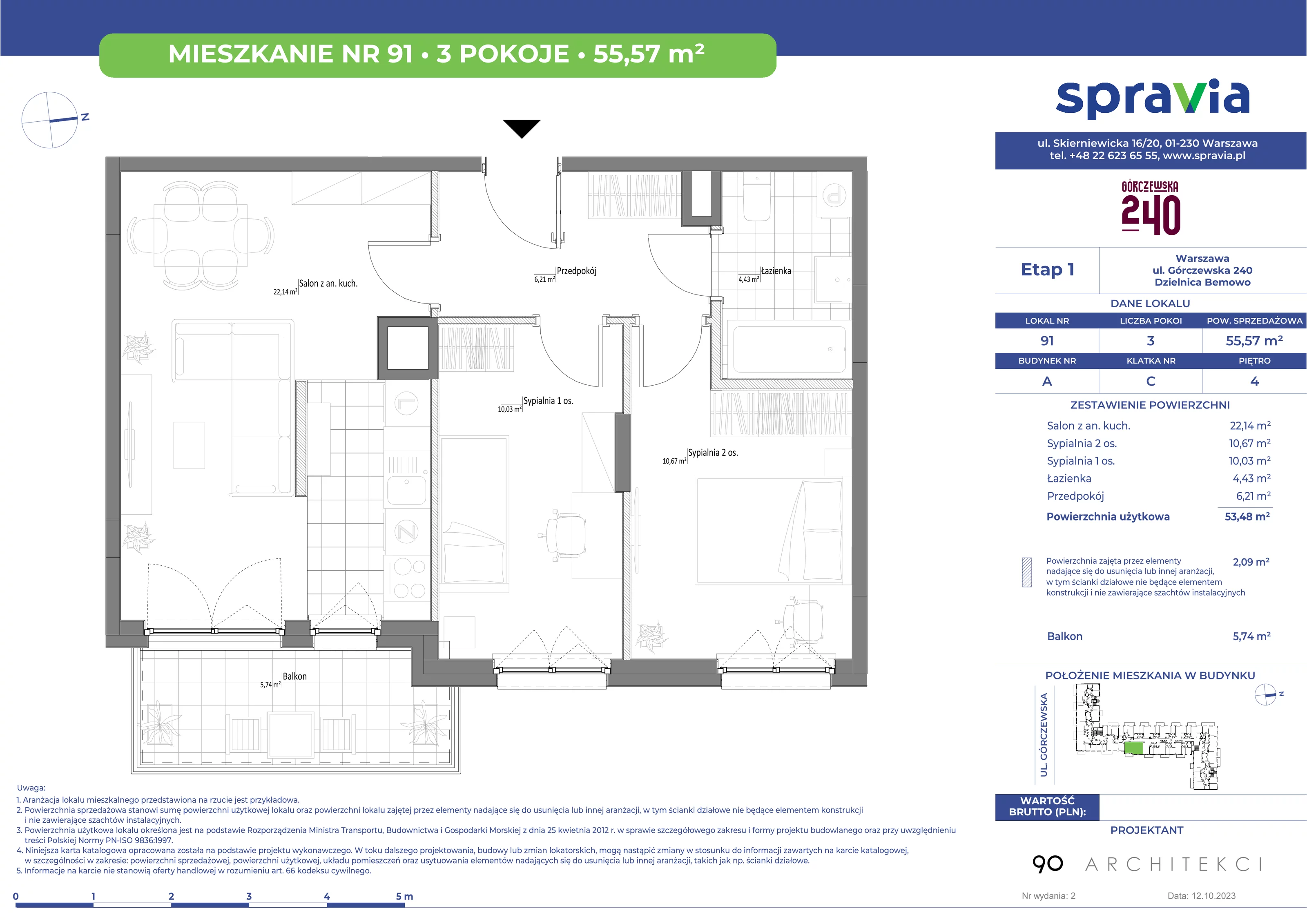 Mieszkanie 55,57 m², piętro 4, oferta nr 91, Górczewska 240, Warszawa, Bemowo, Górce, ul. Górczewska 240