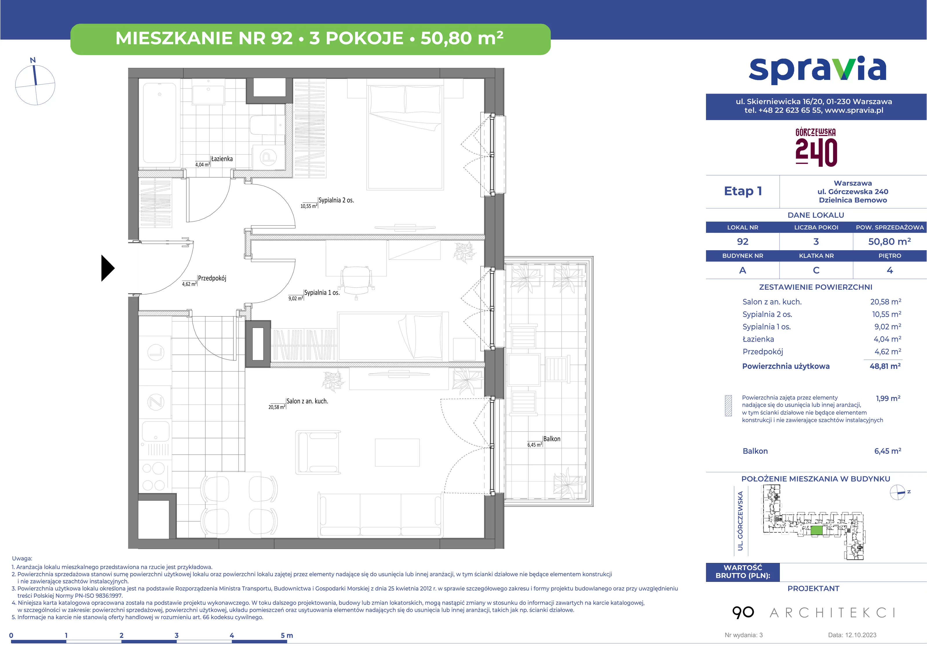 Mieszkanie 50,80 m², piętro 4, oferta nr 92, Górczewska 240, Warszawa, Bemowo, Górce, ul. Górczewska 240