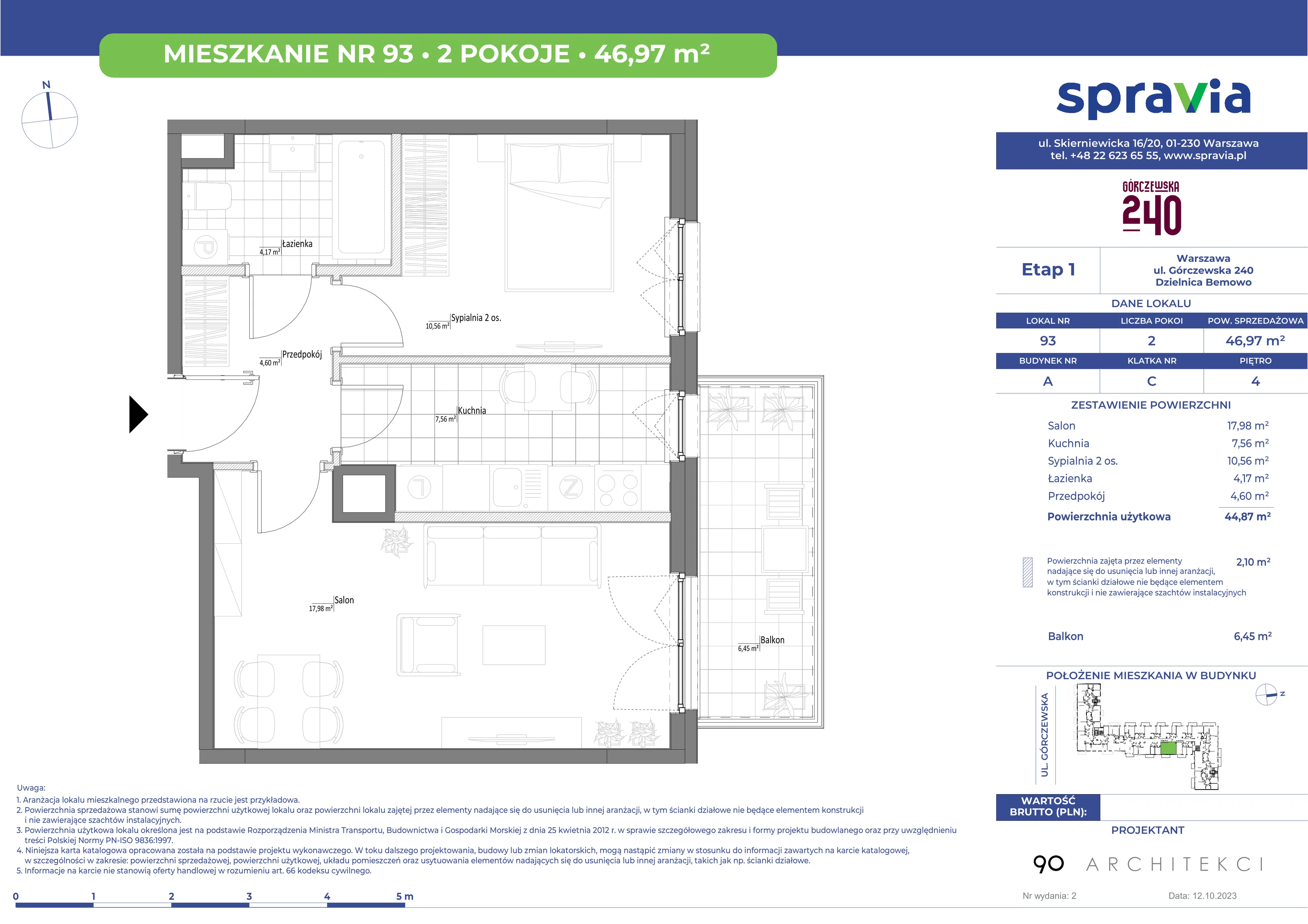 Mieszkanie 46,97 m², piętro 4, oferta nr 93, Górczewska 240, Warszawa, Bemowo, Górce, ul. Górczewska 240