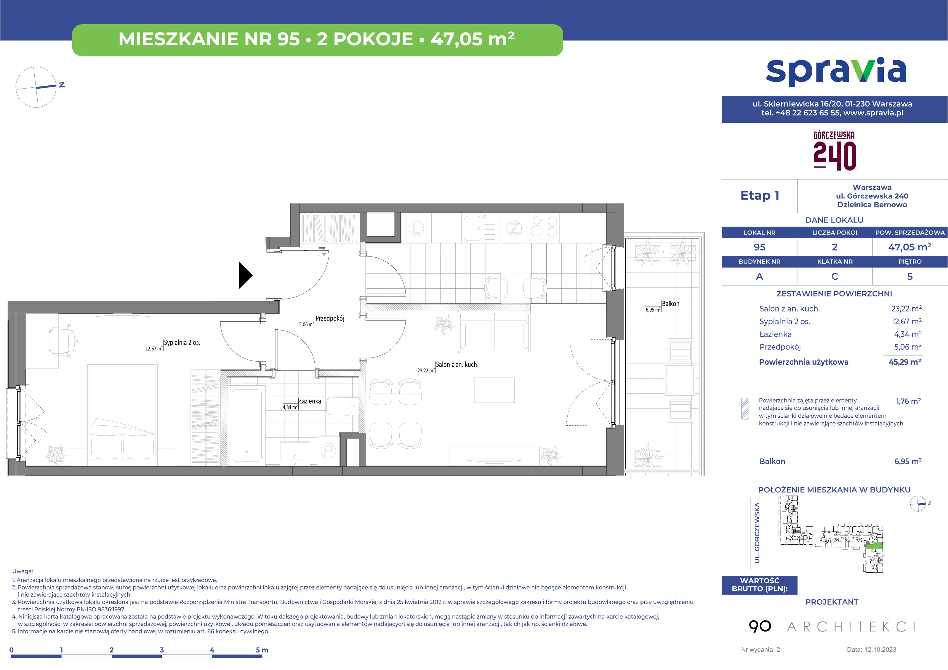 Mieszkanie 47,05 m², piętro 5, oferta nr 95, Górczewska 240, Warszawa, Bemowo, Górce, ul. Górczewska 240