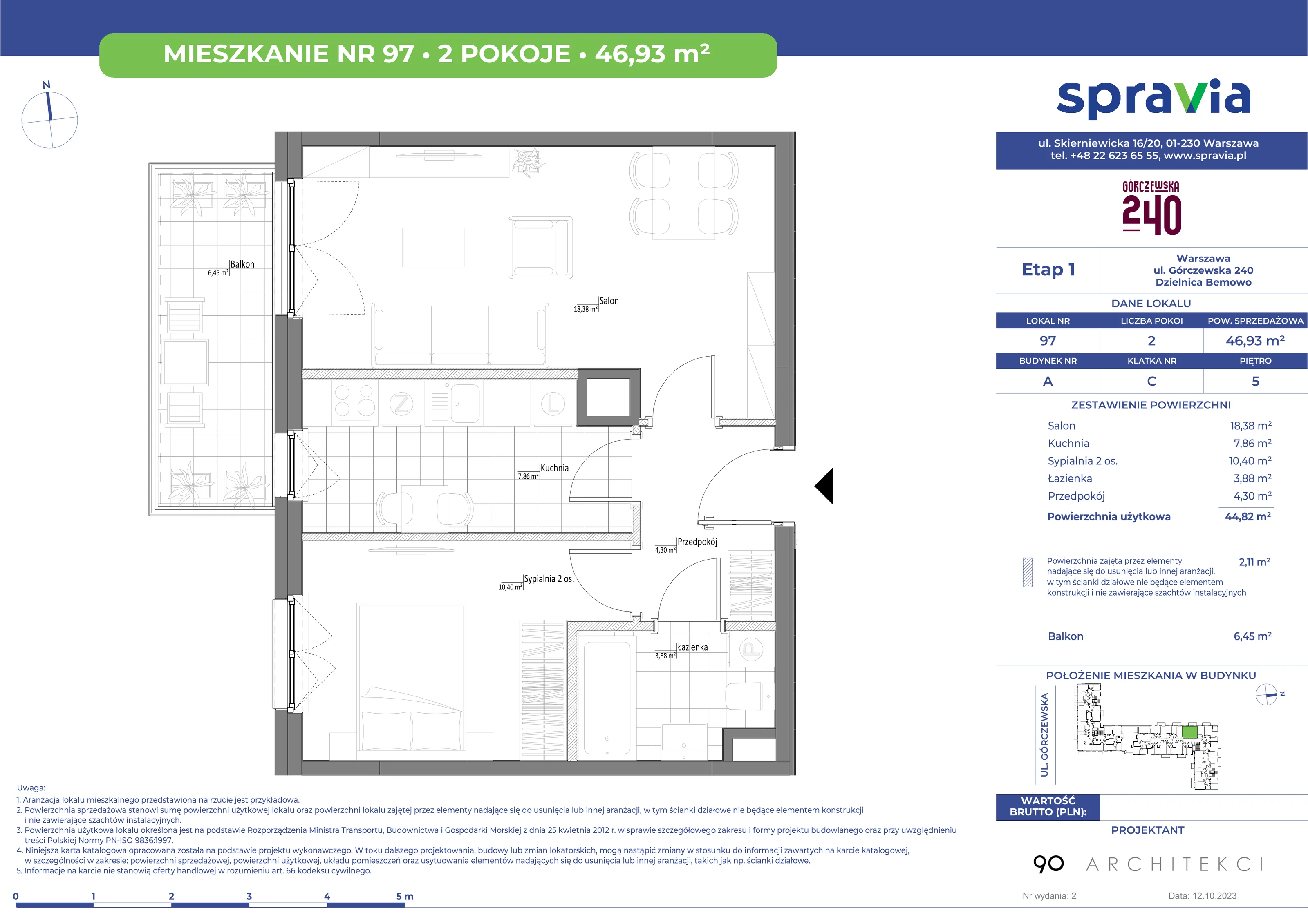 Mieszkanie 46,93 m², piętro 5, oferta nr 97, Górczewska 240, Warszawa, Bemowo, Górce, ul. Górczewska 240