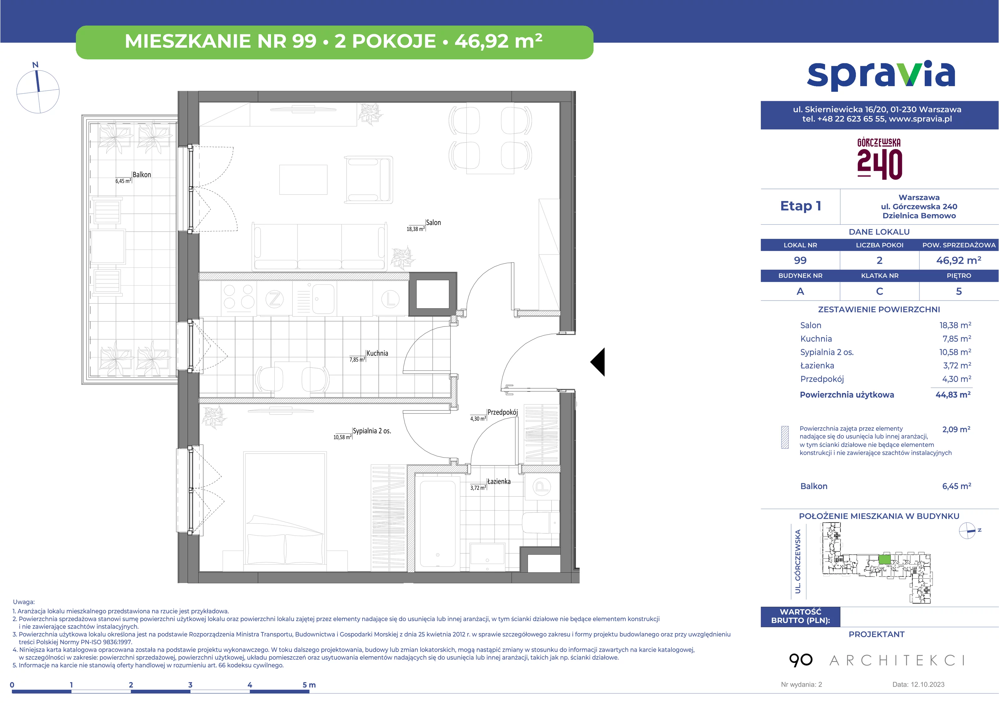 Mieszkanie 46,92 m², piętro 5, oferta nr 99, Górczewska 240, Warszawa, Bemowo, Górce, ul. Górczewska 240